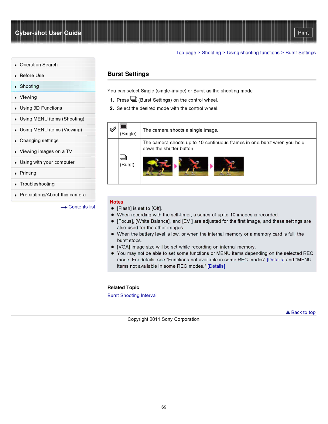 Sony DSCWX9 manual Burst Settings, Related Topic 