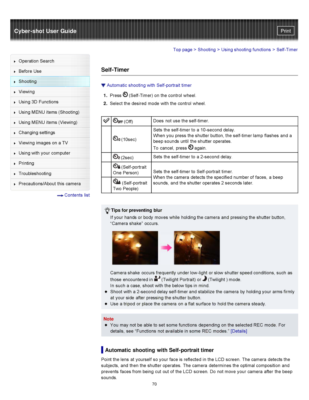 Sony DSCWX9 manual Self-Timer, Automatic shooting with Self-portrait timer, Tips for preventing blur 