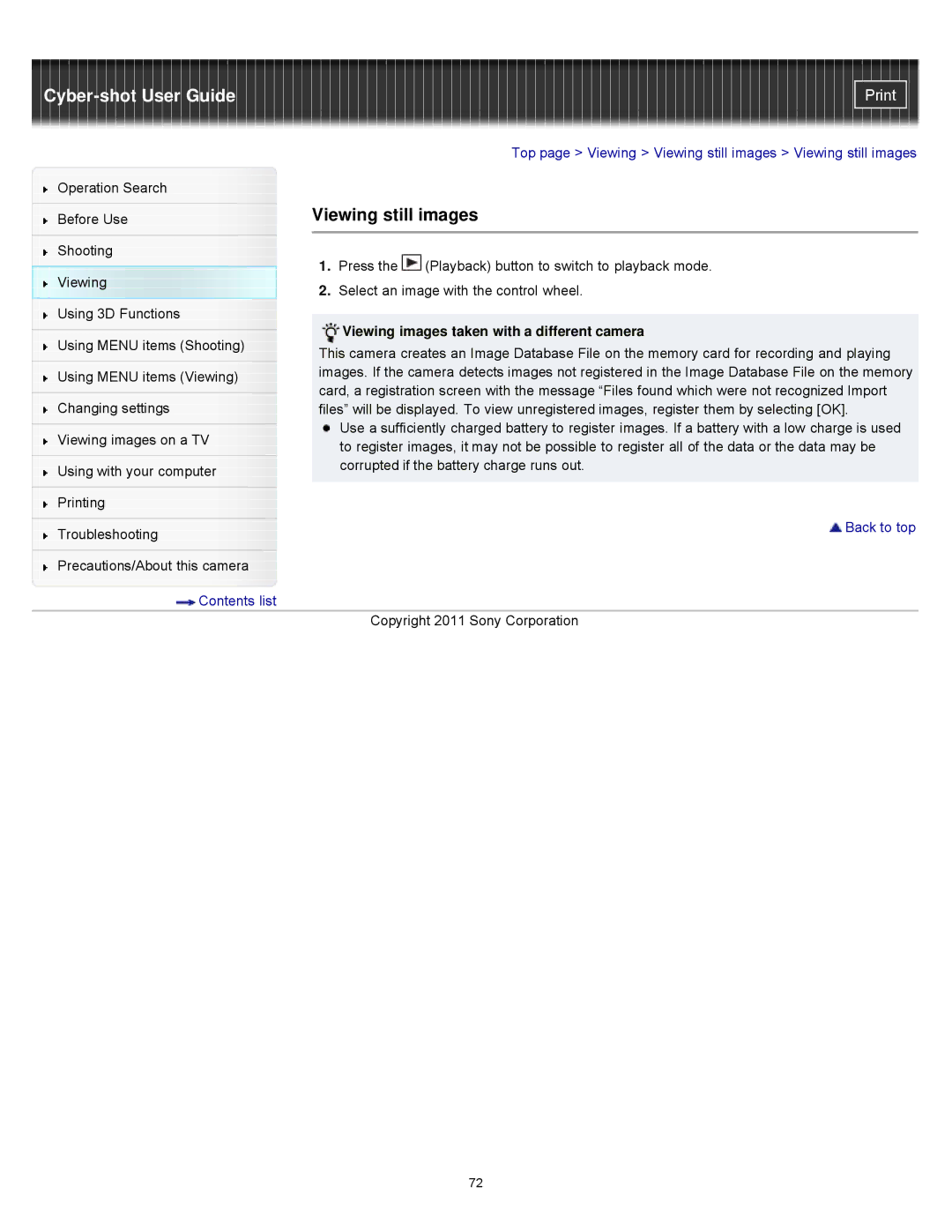 Sony DSCWX9 manual Viewing still images, Viewing images taken with a different camera 