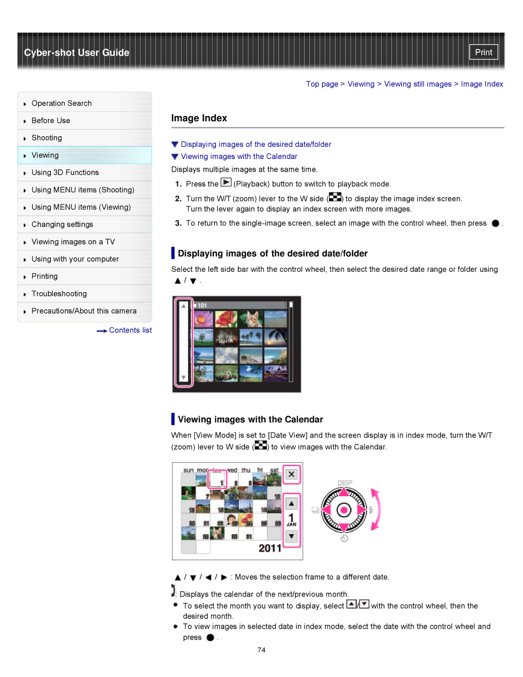 Sony DSCWX9 manual Image Index, Displaying images of the desired date/folder, Viewing images with the Calendar 