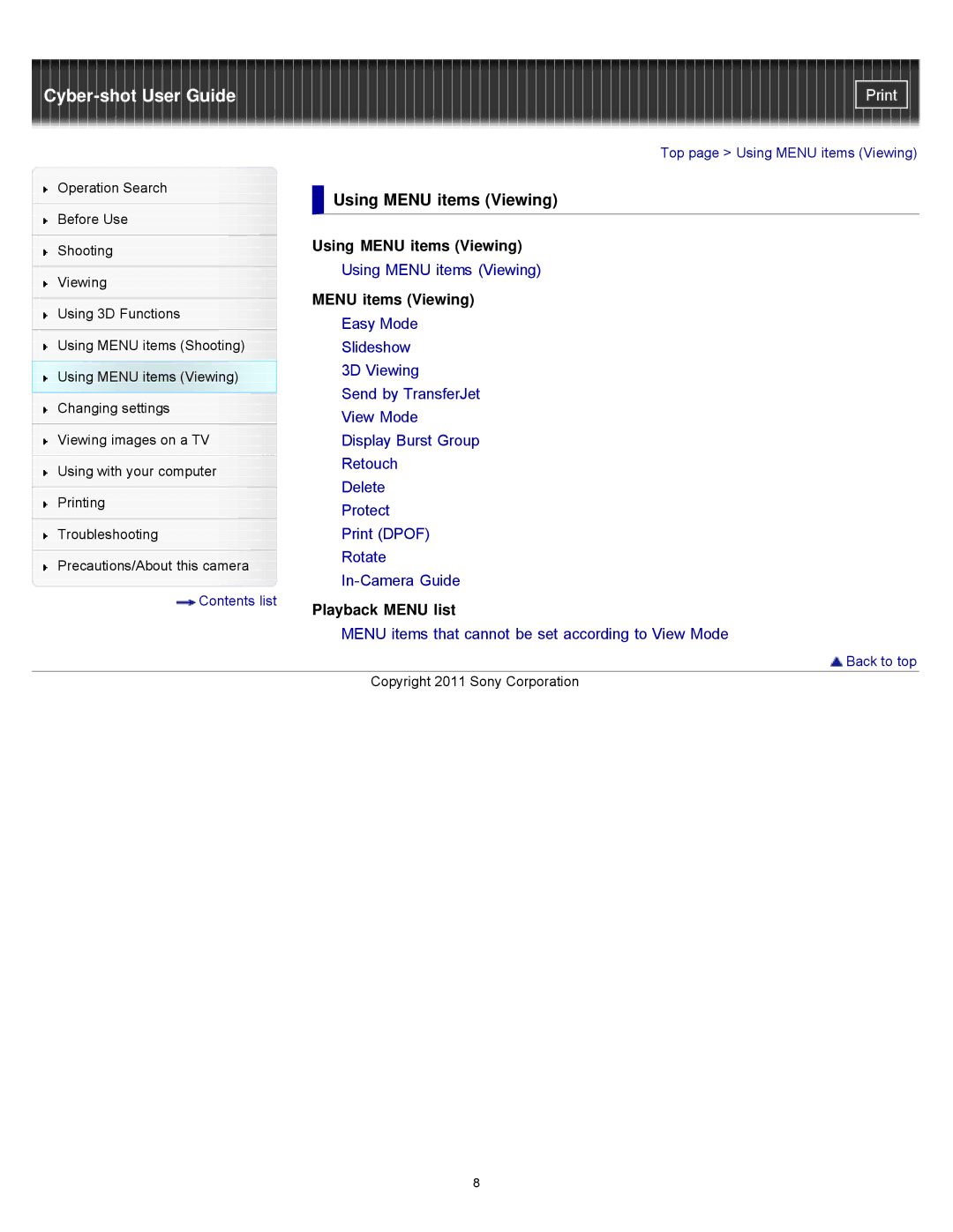 Sony DSCWX9 manual Using Menu items Viewing 