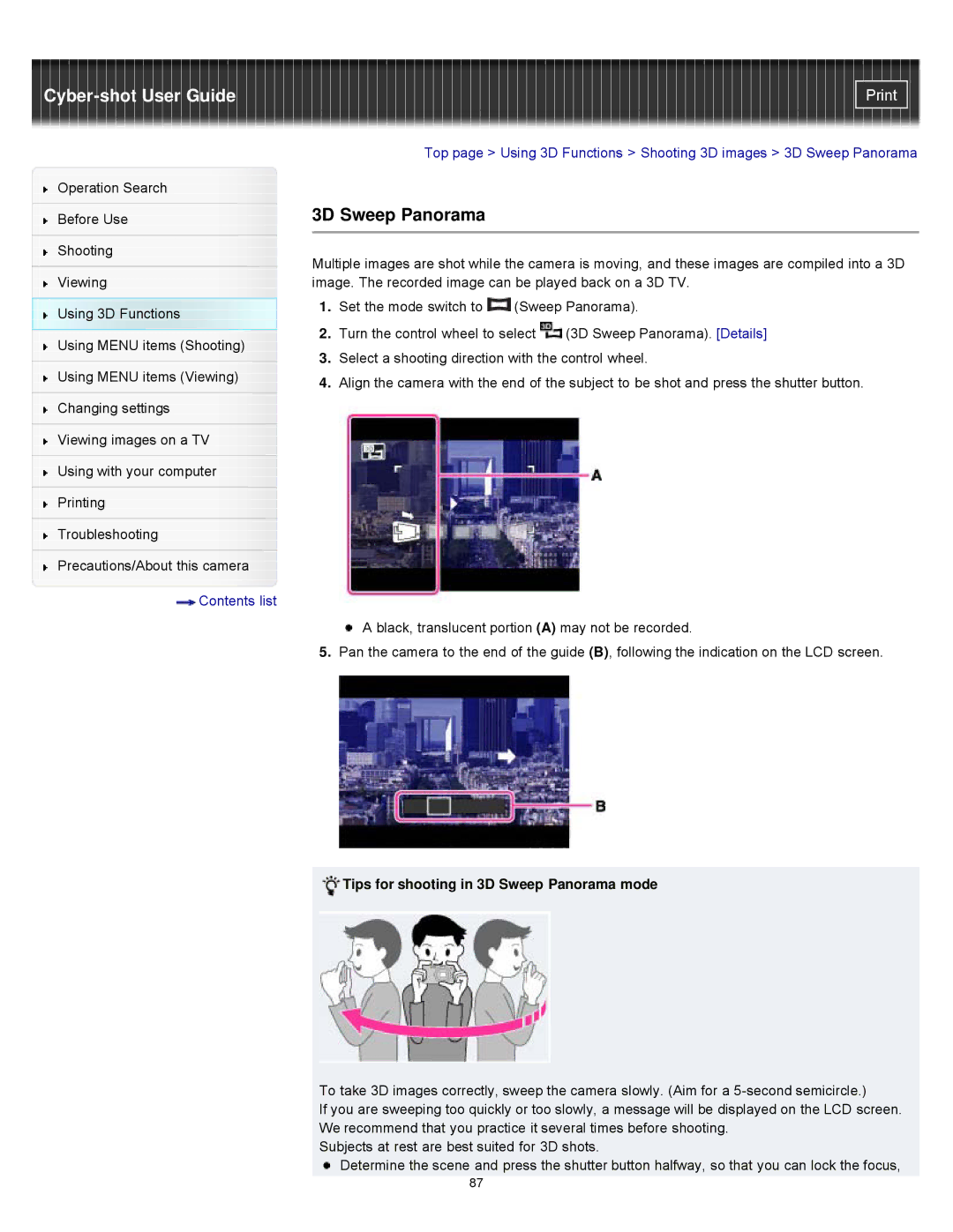 Sony DSCWX9 manual Tips for shooting in 3D Sweep Panorama mode 