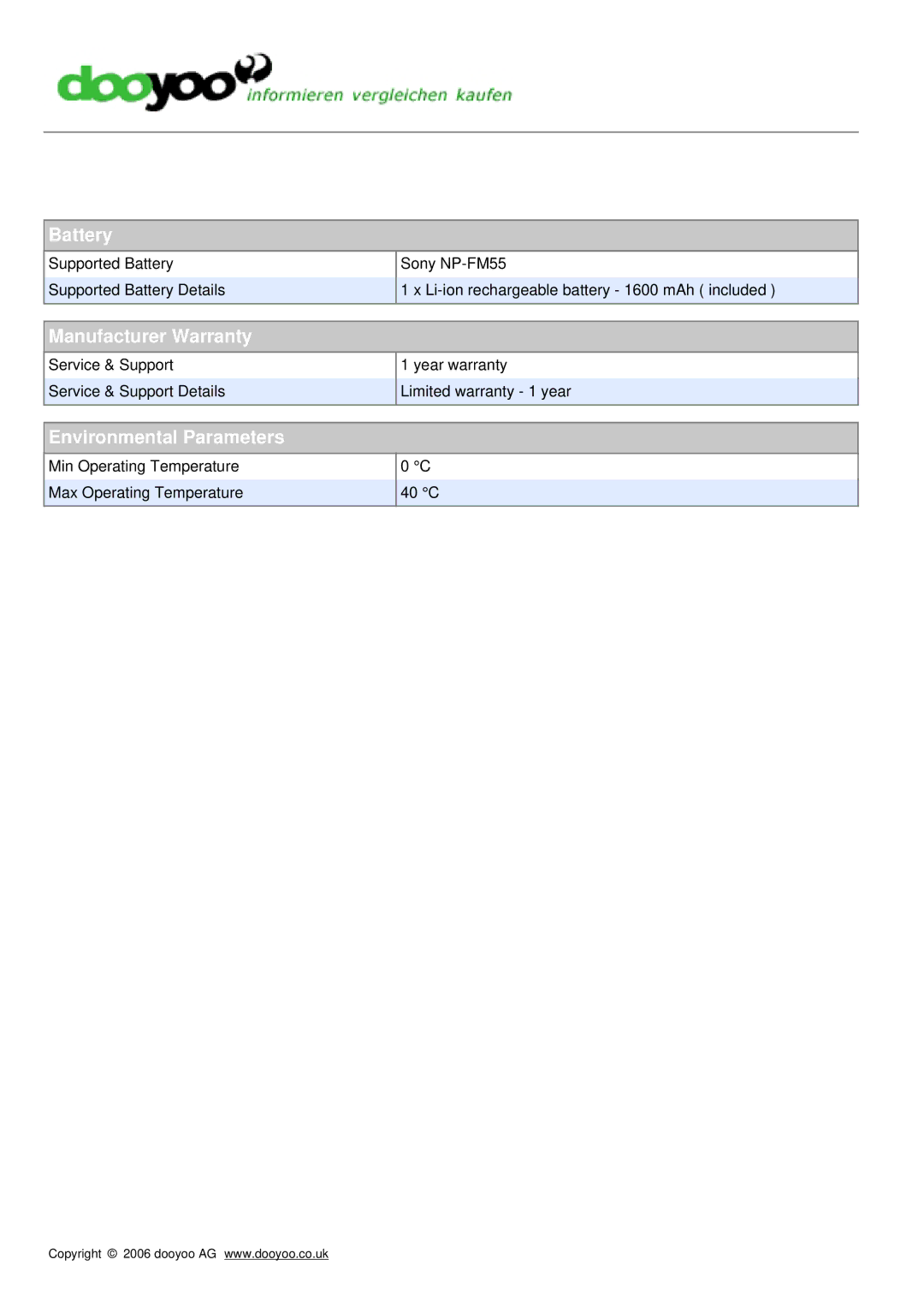 Sony DSLR-A100KS manual Battery, Manufacturer Warranty, Environmental Parameters 