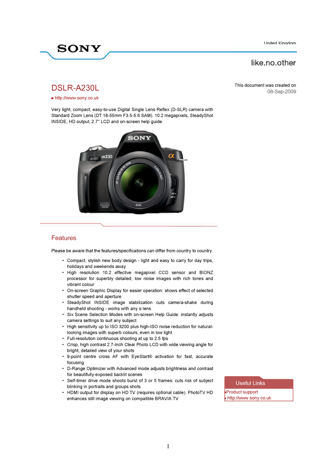 Sony DSLR-A230L specifications Product support 