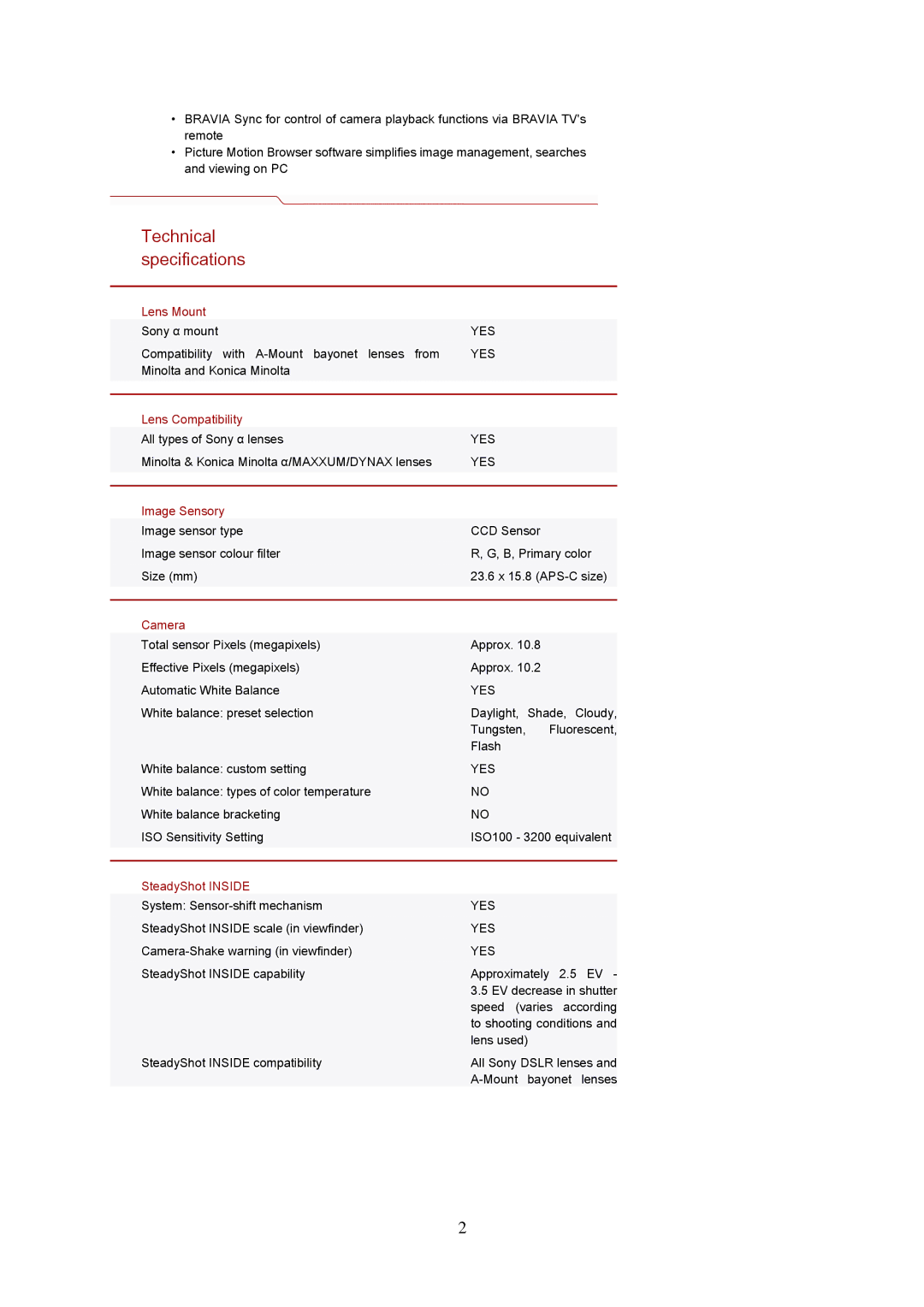 Sony DSLR-A230L specifications Lens Mount, Lens Compatibility, Image Sensory, Camera, SteadyShot Inside 