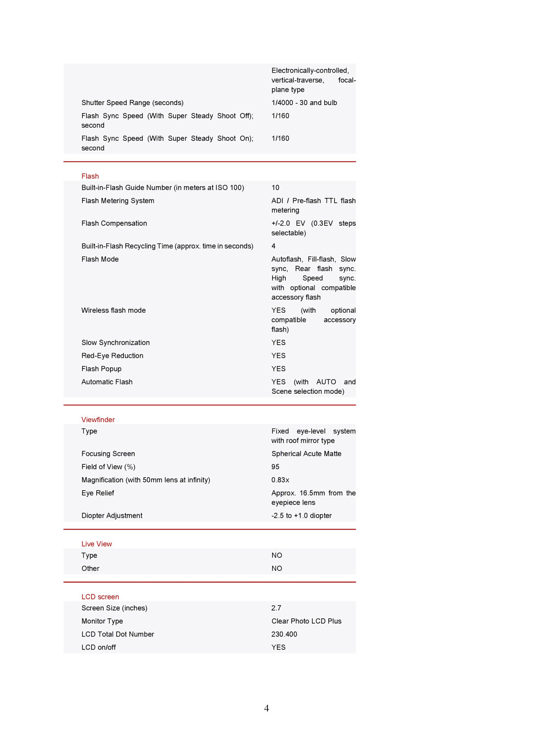 Sony DSLR-A230L specifications Flash, Viewfinder, Live View, LCD screen 