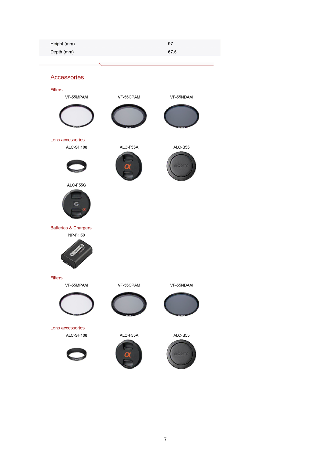 Sony DSLR-A230L specifications Filters, Lens accessories, Batteries & Chargers 