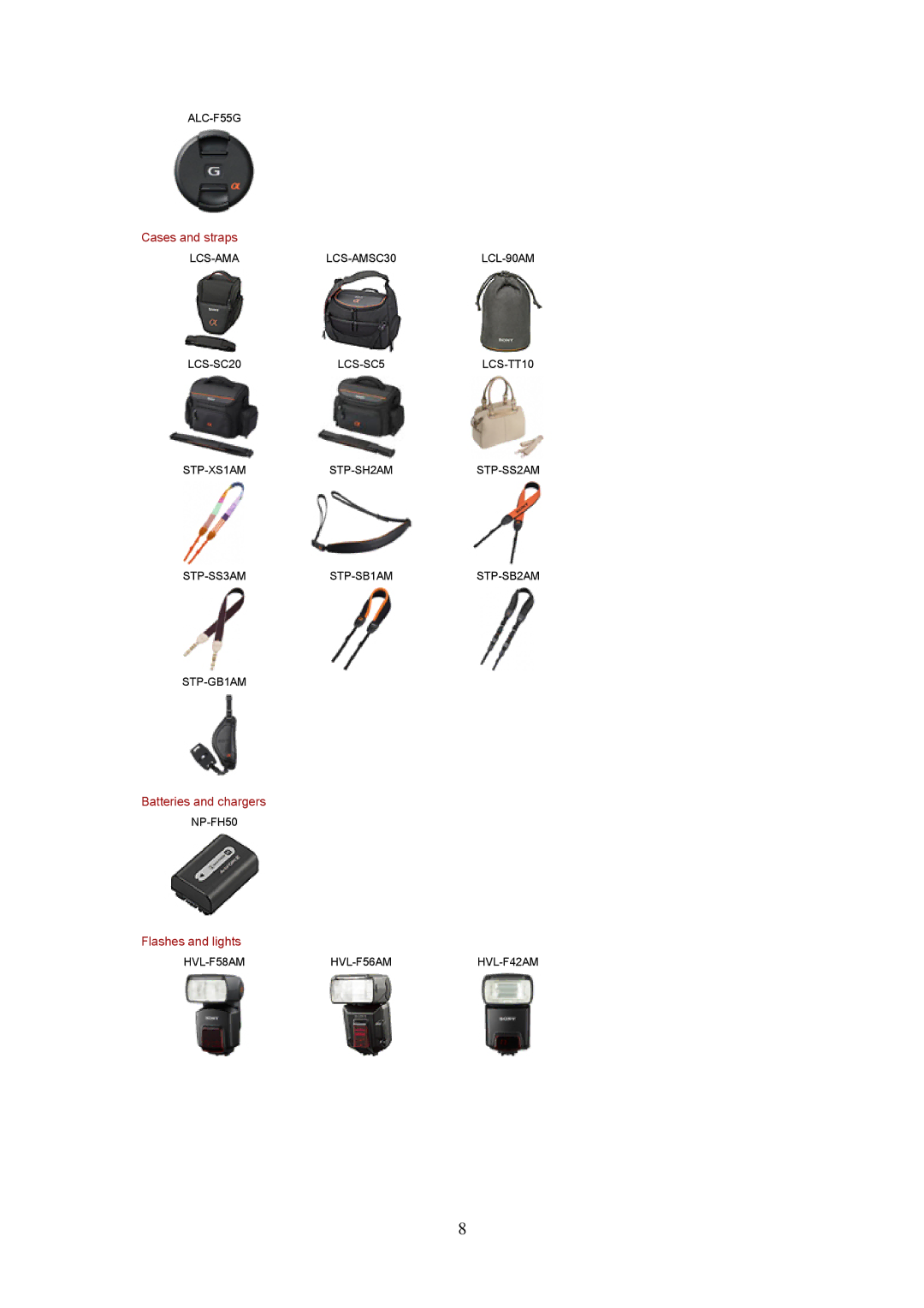 Sony DSLR-A230L specifications Cases and straps, Batteries and chargers, Flashes and lights 