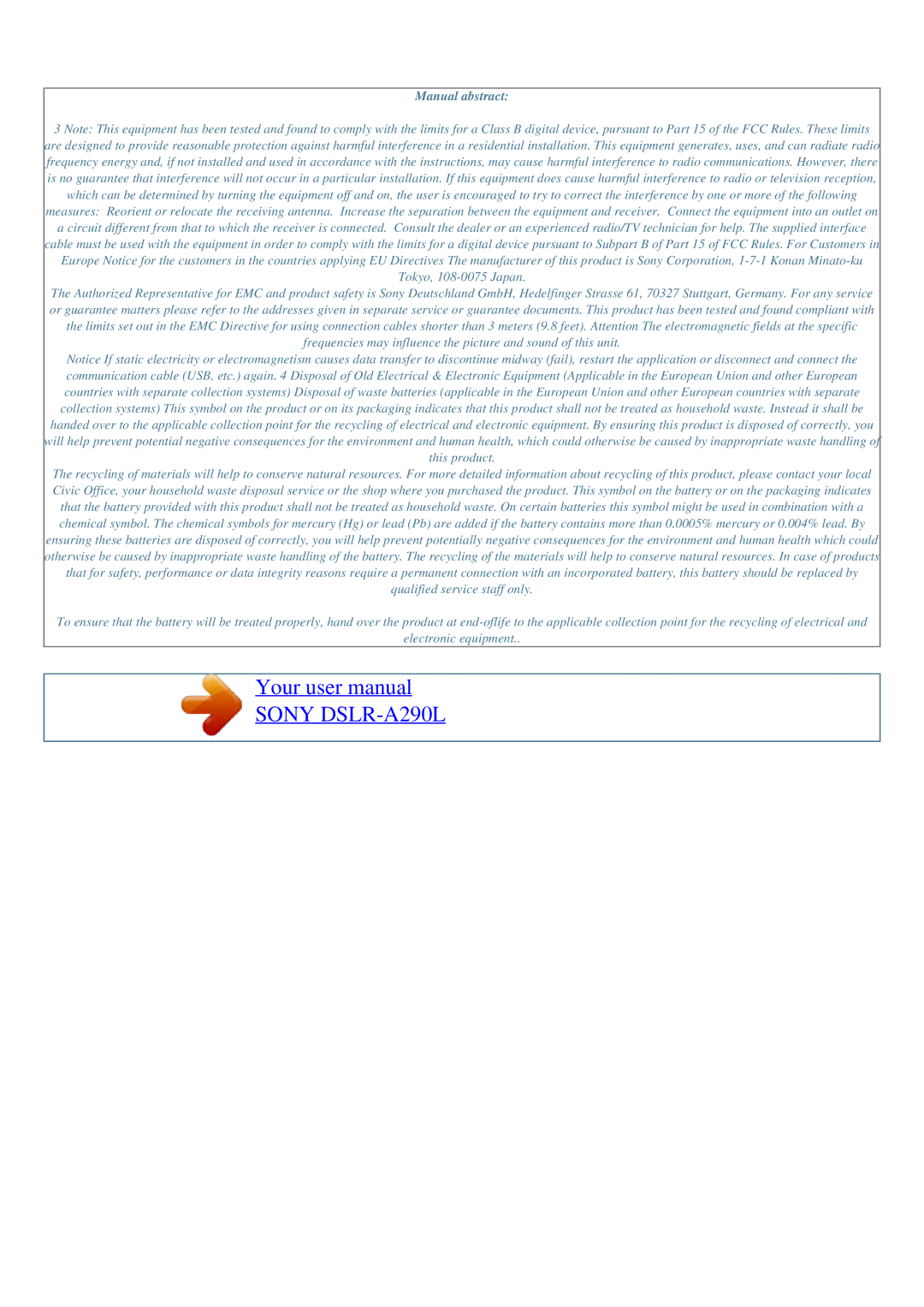 Sony DSLR-A290L user manual Manual abstract 