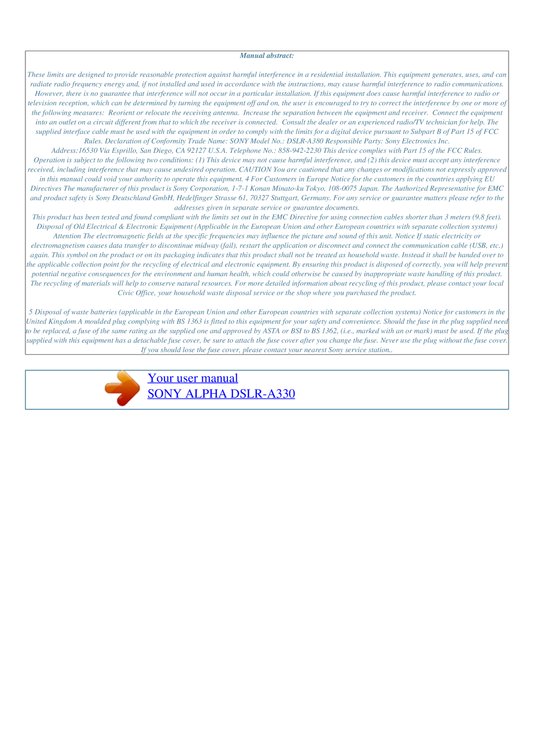 Sony DSLR-A330 user manual Manual abstract 