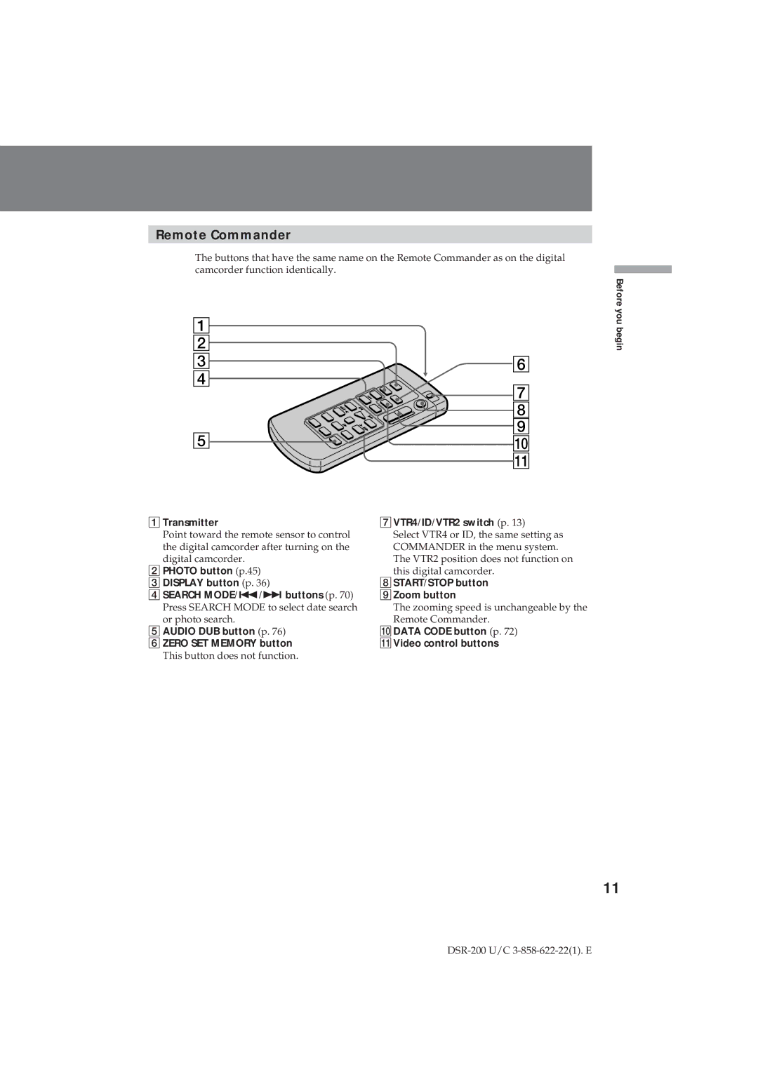 Sony DSR-200 operating instructions Remote Commander 