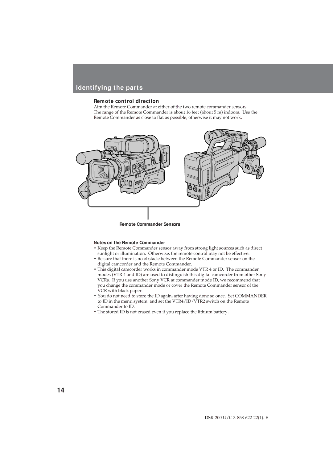 Sony DSR-200 operating instructions Remote control direction, Remote Commander Sensors 