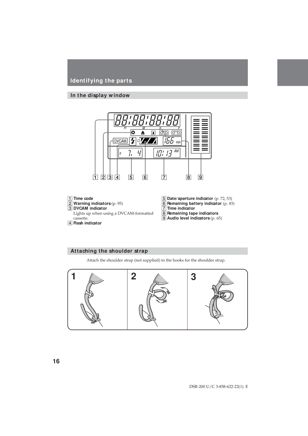 Sony DSR-200 operating instructions Display window, Attaching the shoulder strap 