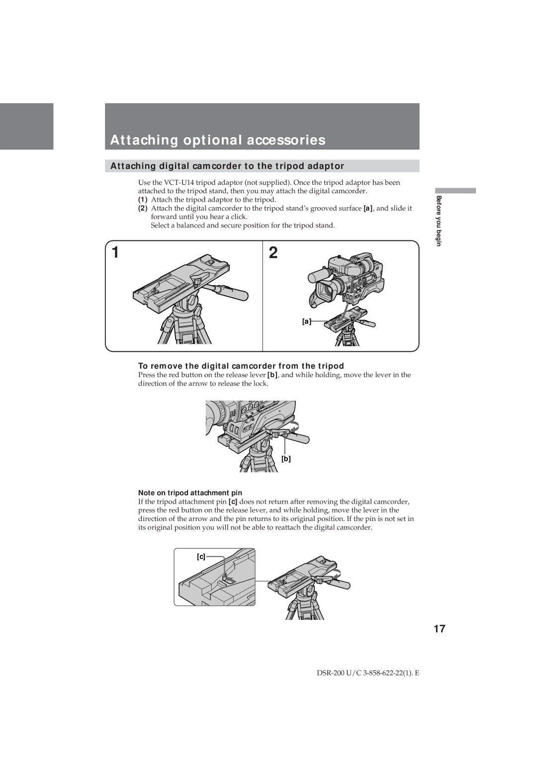 Sony DSR-200 operating instructions Attaching optional accessories, Attaching digital camcorder to the tripod adaptor 