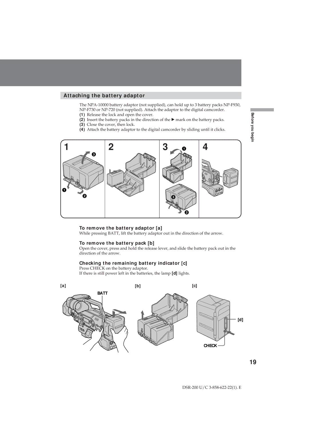 Sony DSR-200 Attaching the battery adaptor, To remove the battery adaptor a, To remove the battery pack b 