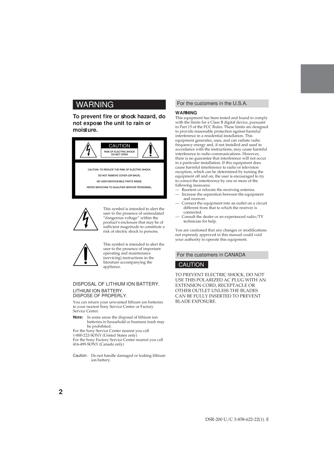 Sony DSR-200 operating instructions For the customers in the U.S.A, For the customers in Canada 