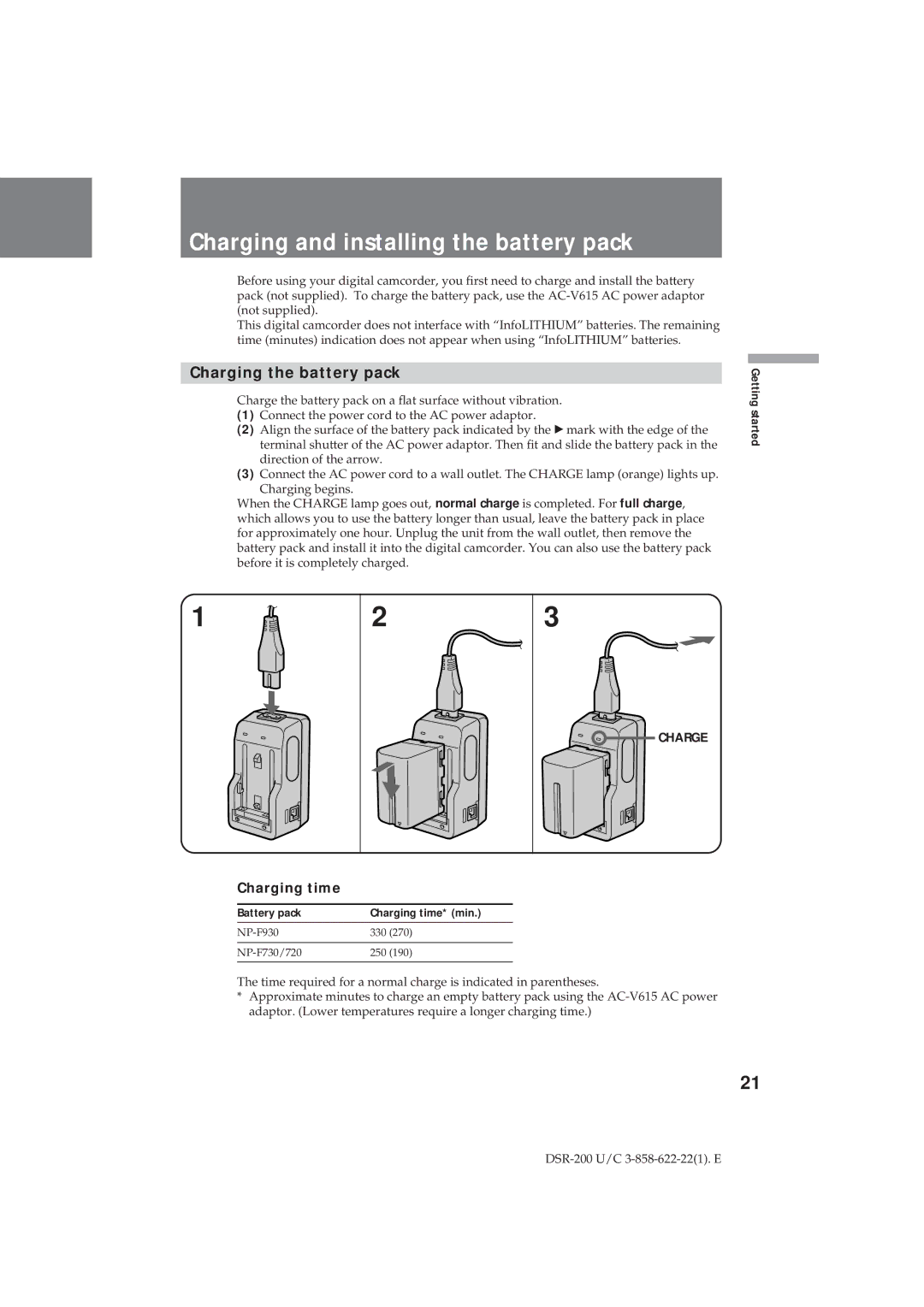 Sony DSR-200 operating instructions Charging and installing the battery pack, Charging the battery pack, Charging time 