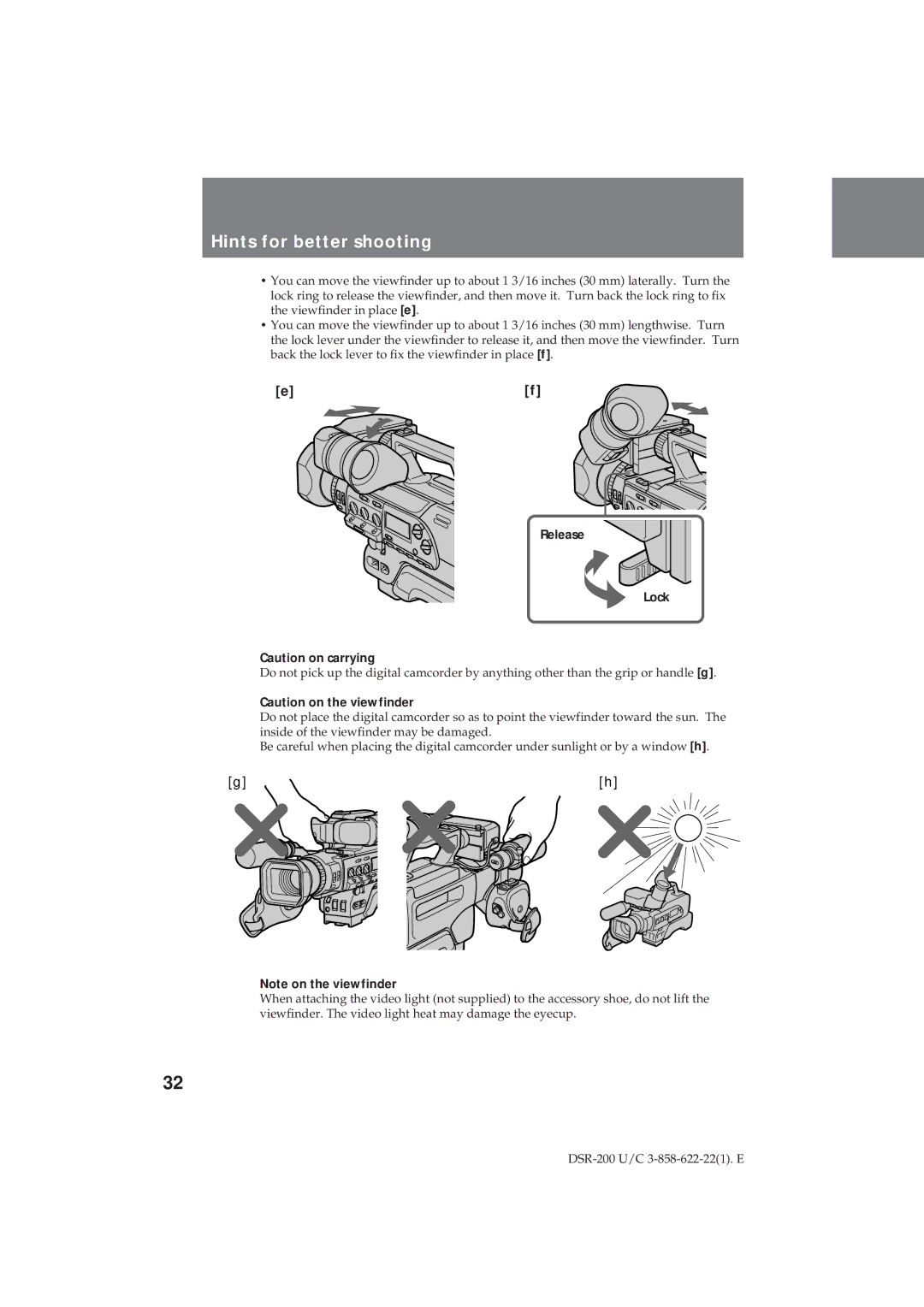 Sony DSR-200 operating instructions Hints for better shooting, Release Lock 