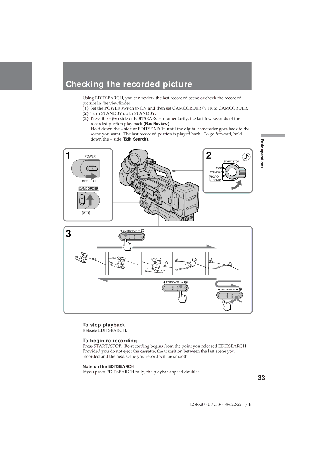 Sony DSR-200 operating instructions Checking the recorded picture, To stop playback, To begin re-recording 