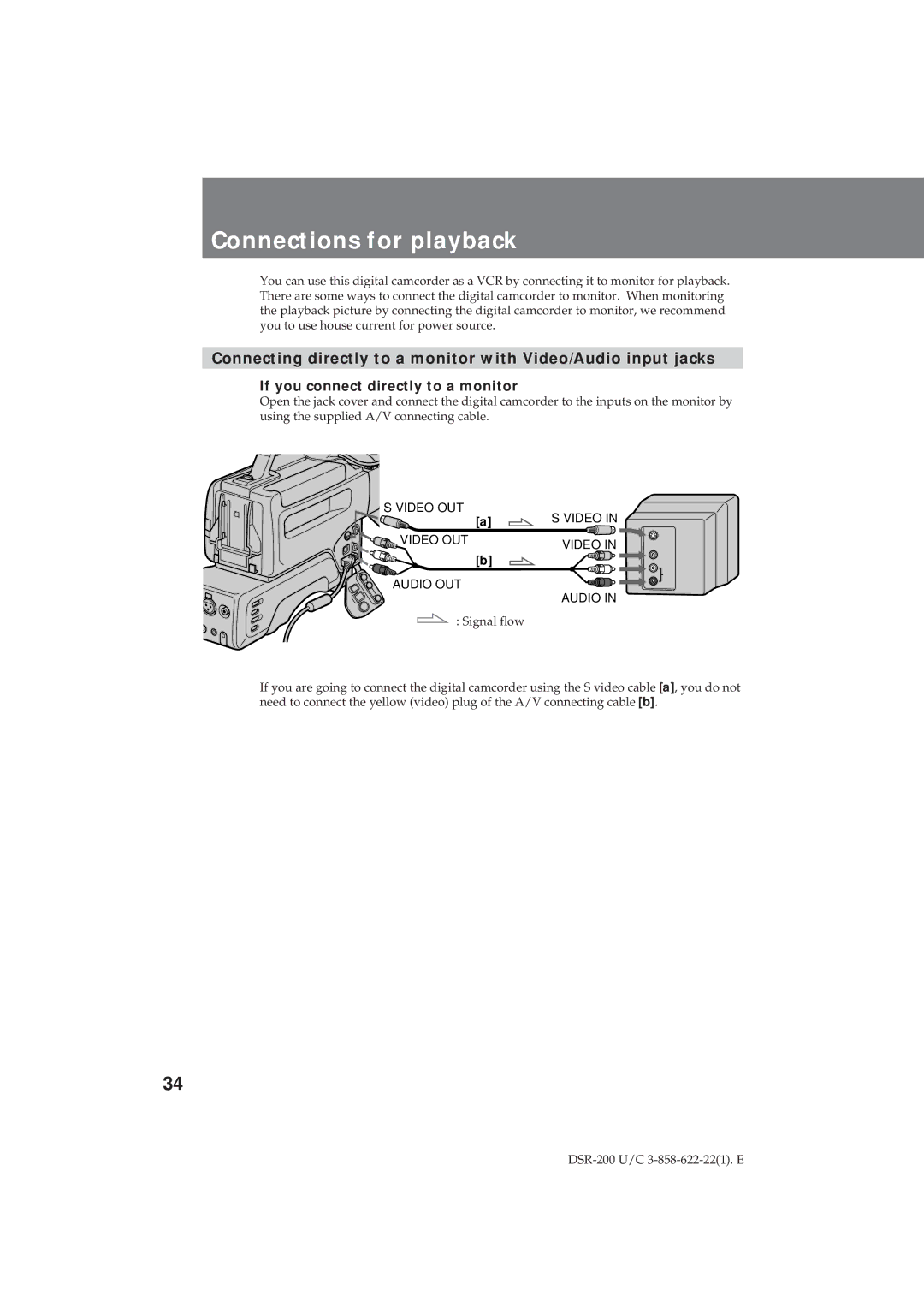 Sony DSR-200 operating instructions Connections for playback, If you connect directly to a monitor 