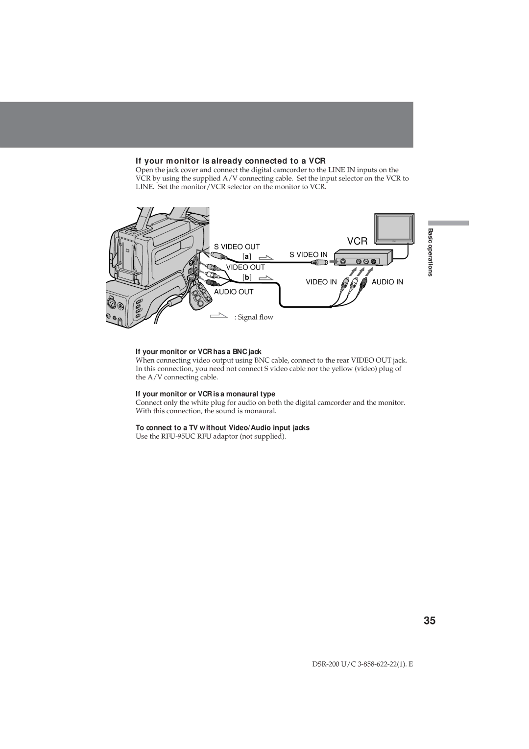 Sony DSR-200 operating instructions If your monitor is already connected to a VCR, If your monitor or VCR has a BNC jack 