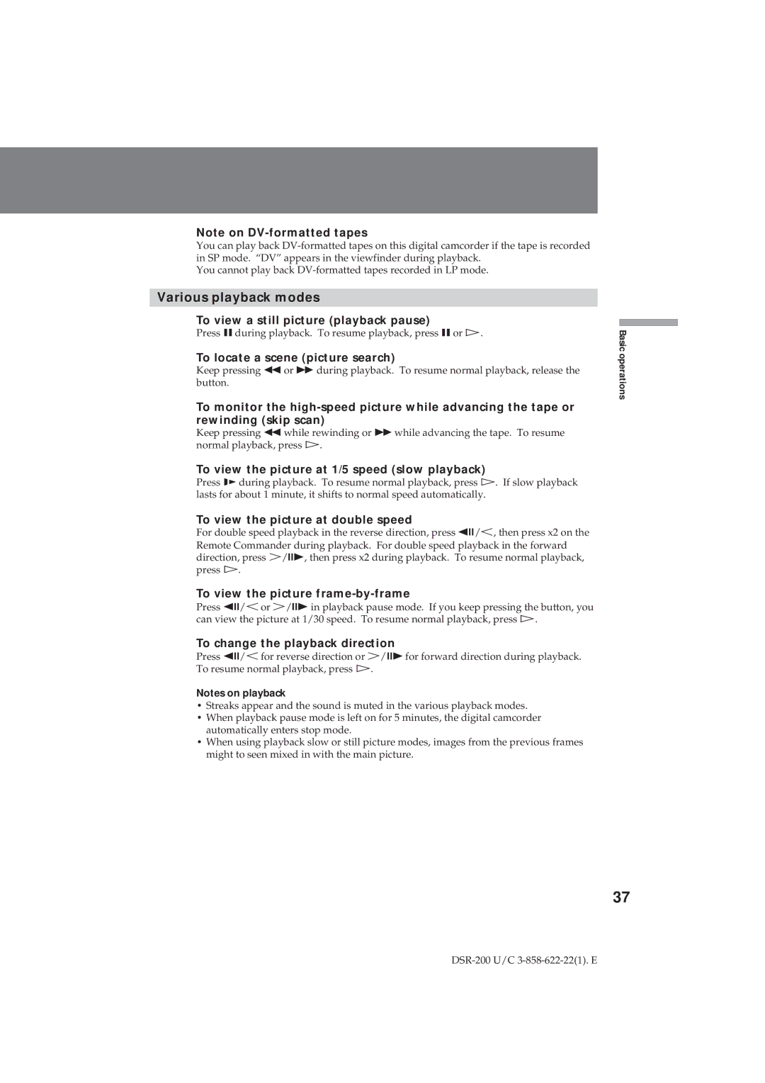 Sony DSR-200 operating instructions Various playback modes 