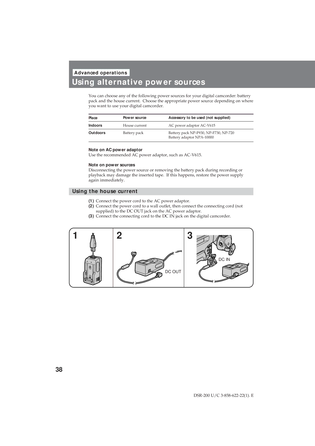 Sony DSR-200 operating instructions Using alternative power sources, Using the house current, Advanced operations 