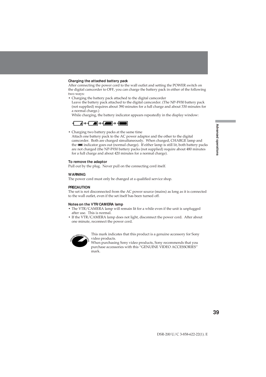 Sony DSR-200 operating instructions Charging the attached battery pack, To remove the adaptor 