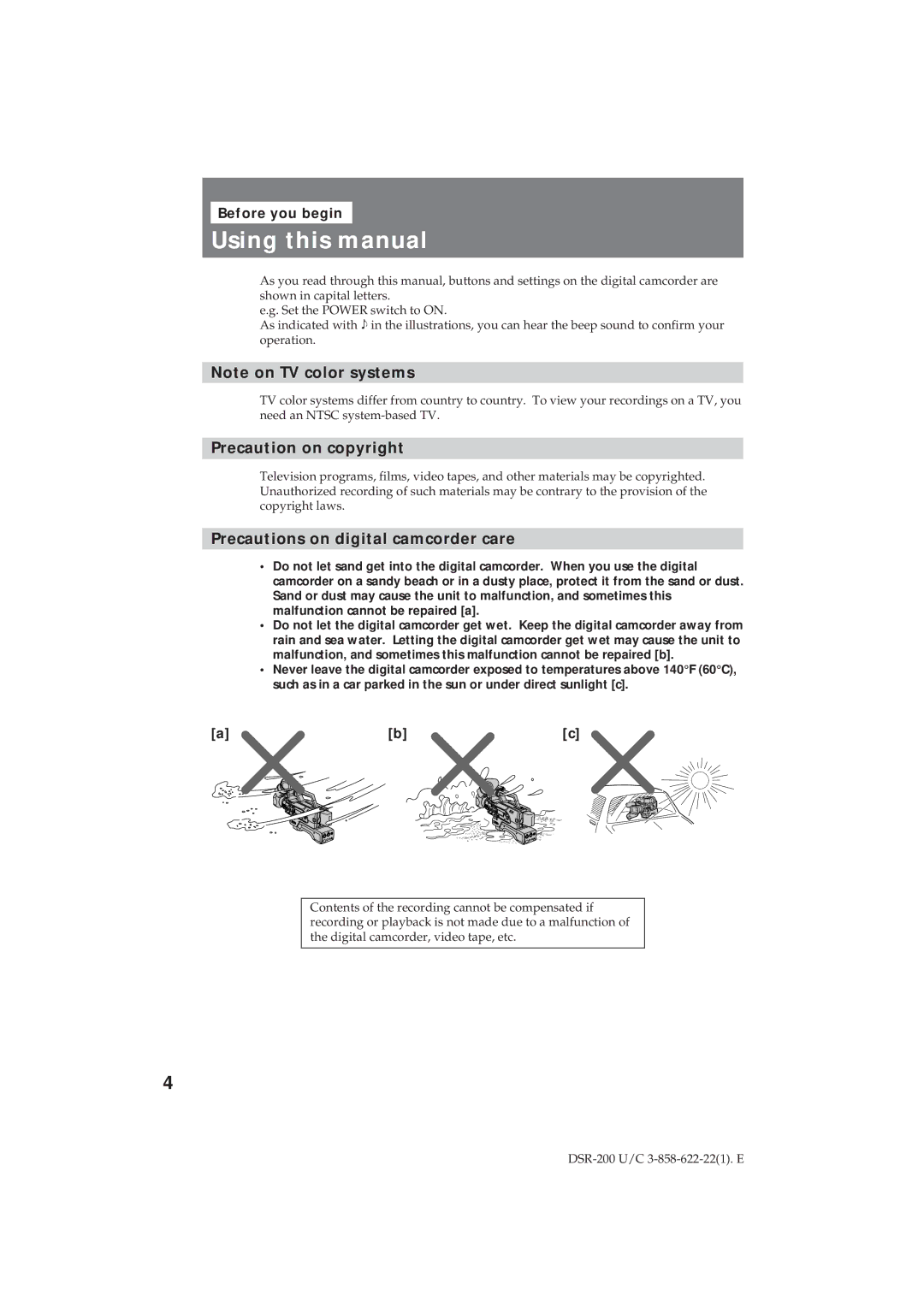 Sony DSR-200 Using this manual, Precaution on copyright, Precautions on digital camcorder care, Before you begin 