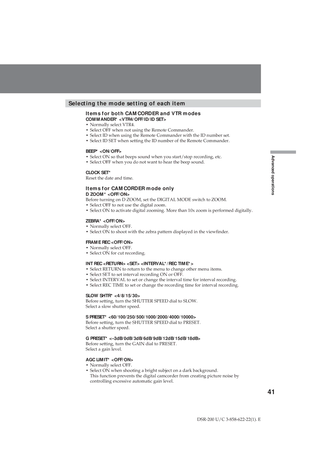 Sony DSR-200 operating instructions Selecting the mode setting of each item, Items for both Camcorder and VTR modes 