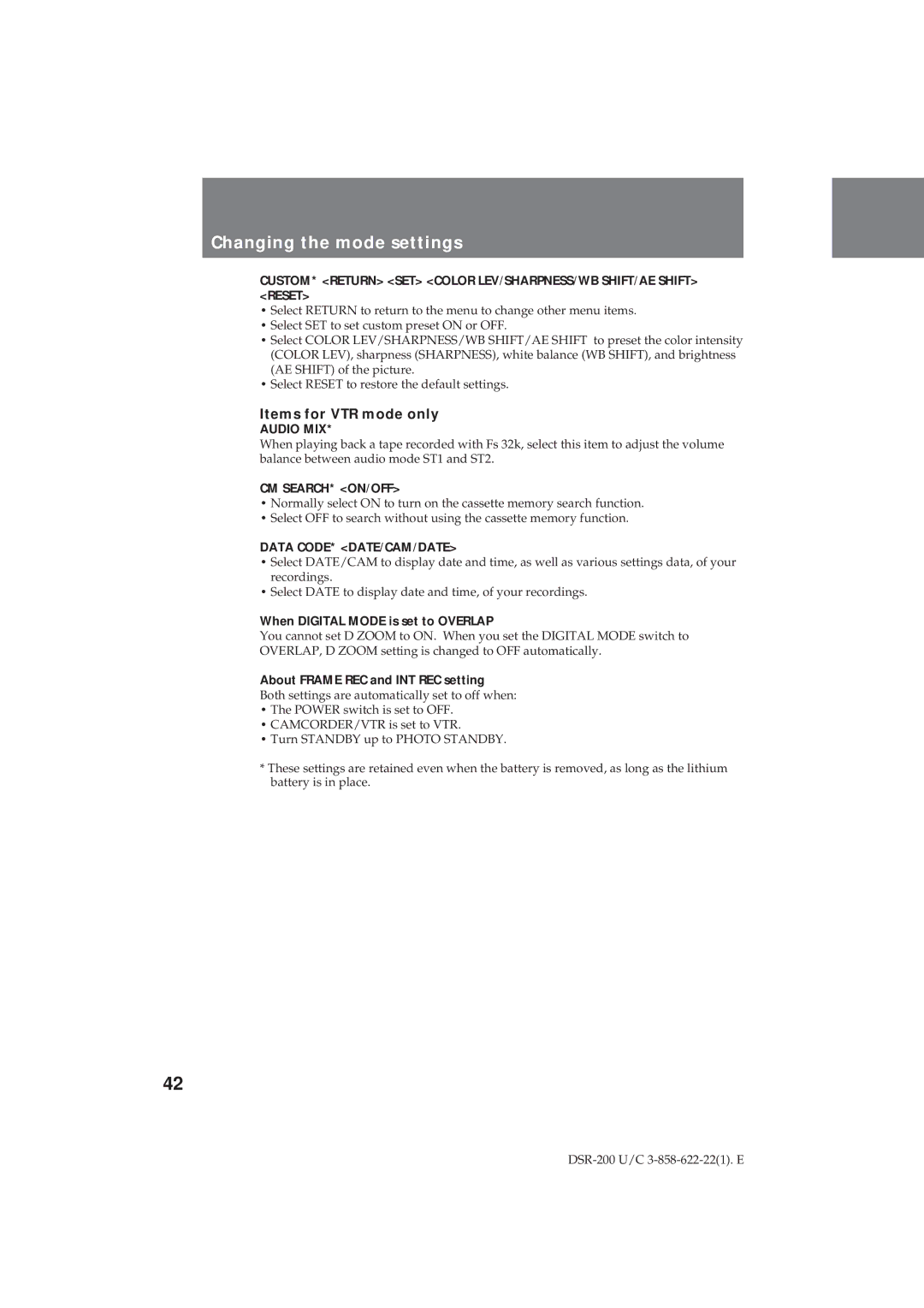 Sony DSR-200 Changing the mode settings, Items for VTR mode only, When Digital Mode is set to Overlap 