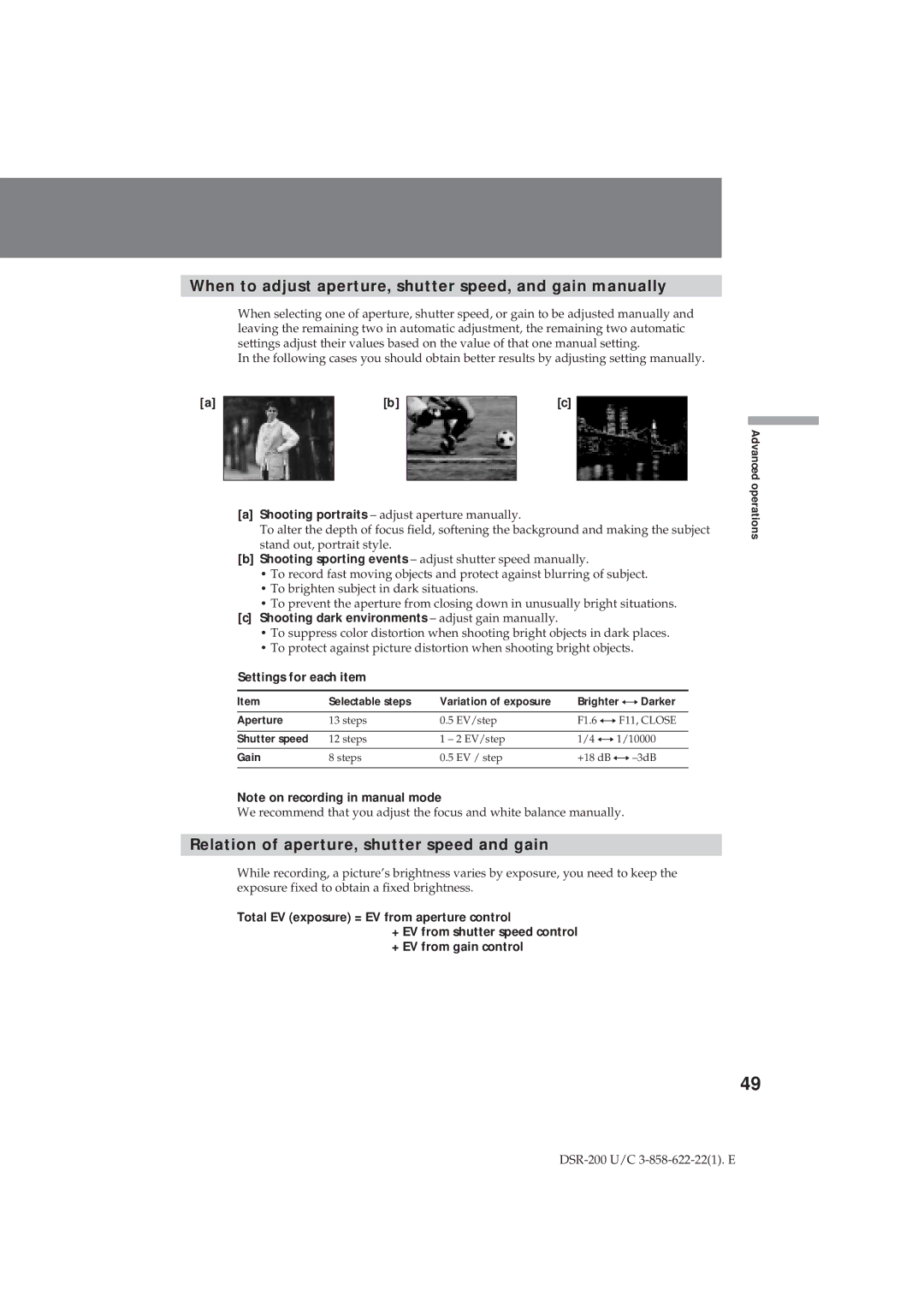 Sony DSR-200 When to adjust aperture, shutter speed, and gain manually, Relation of aperture, shutter speed and gain 