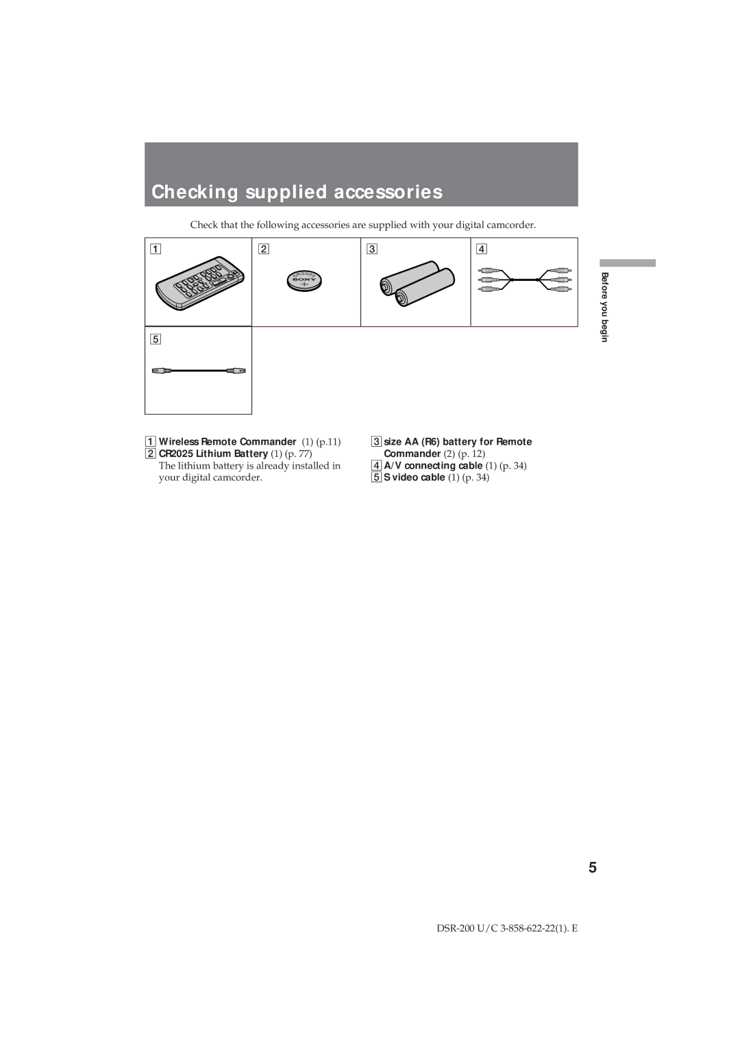 Sony DSR-200 Checking supplied accessories, Wireless Remote Commander 1 p.11, CR2025 Lithium Battery 1 p 