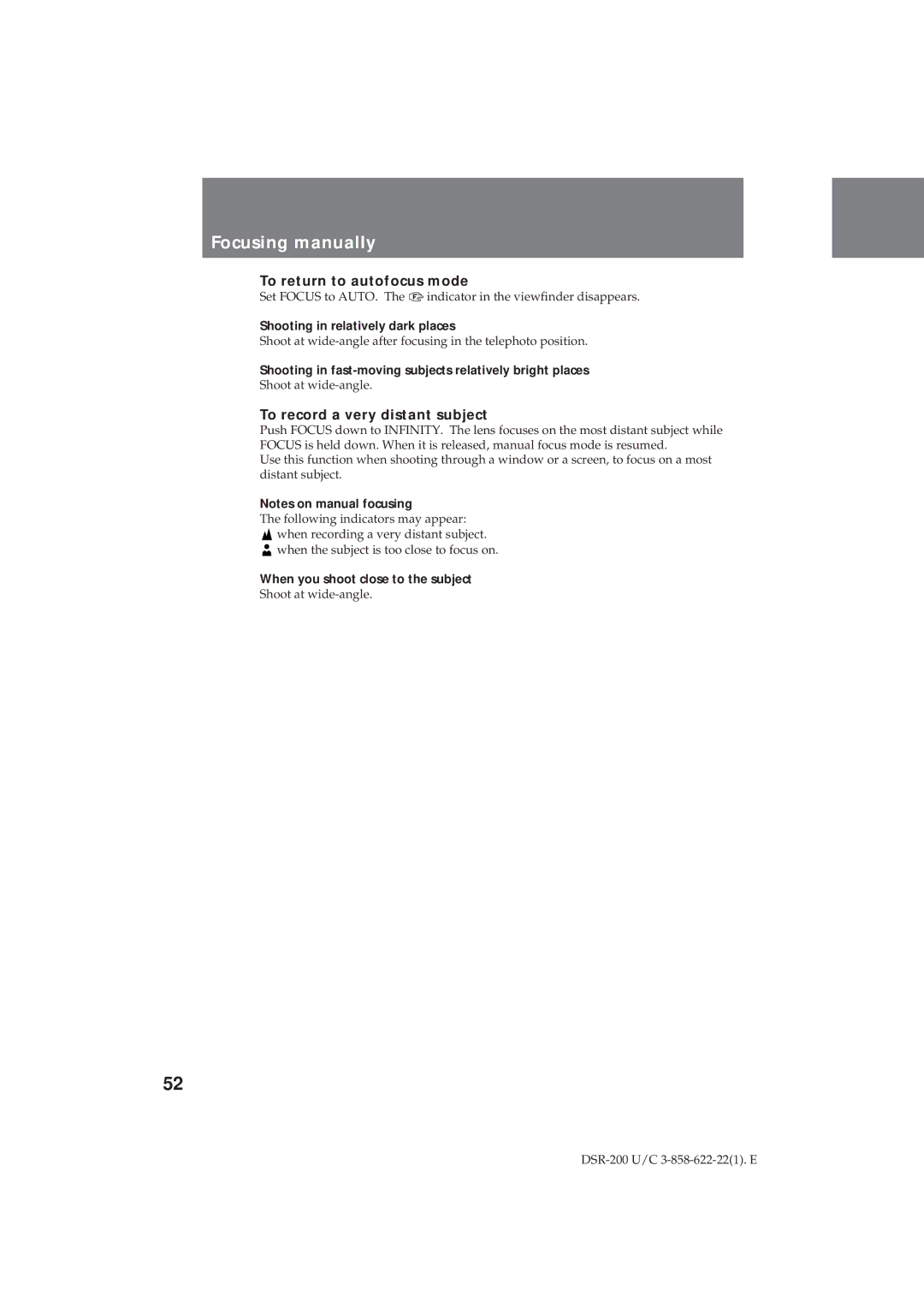 Sony DSR-200 operating instructions Focusing manually, To return to autofocus mode, To record a very distant subject 