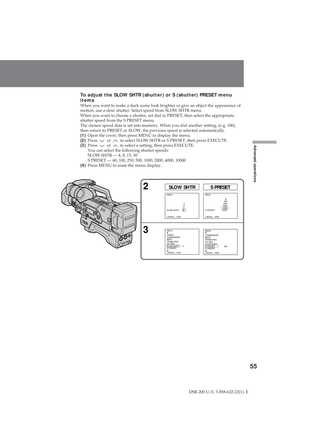 Sony DSR-200 operating instructions Slow Shtr 