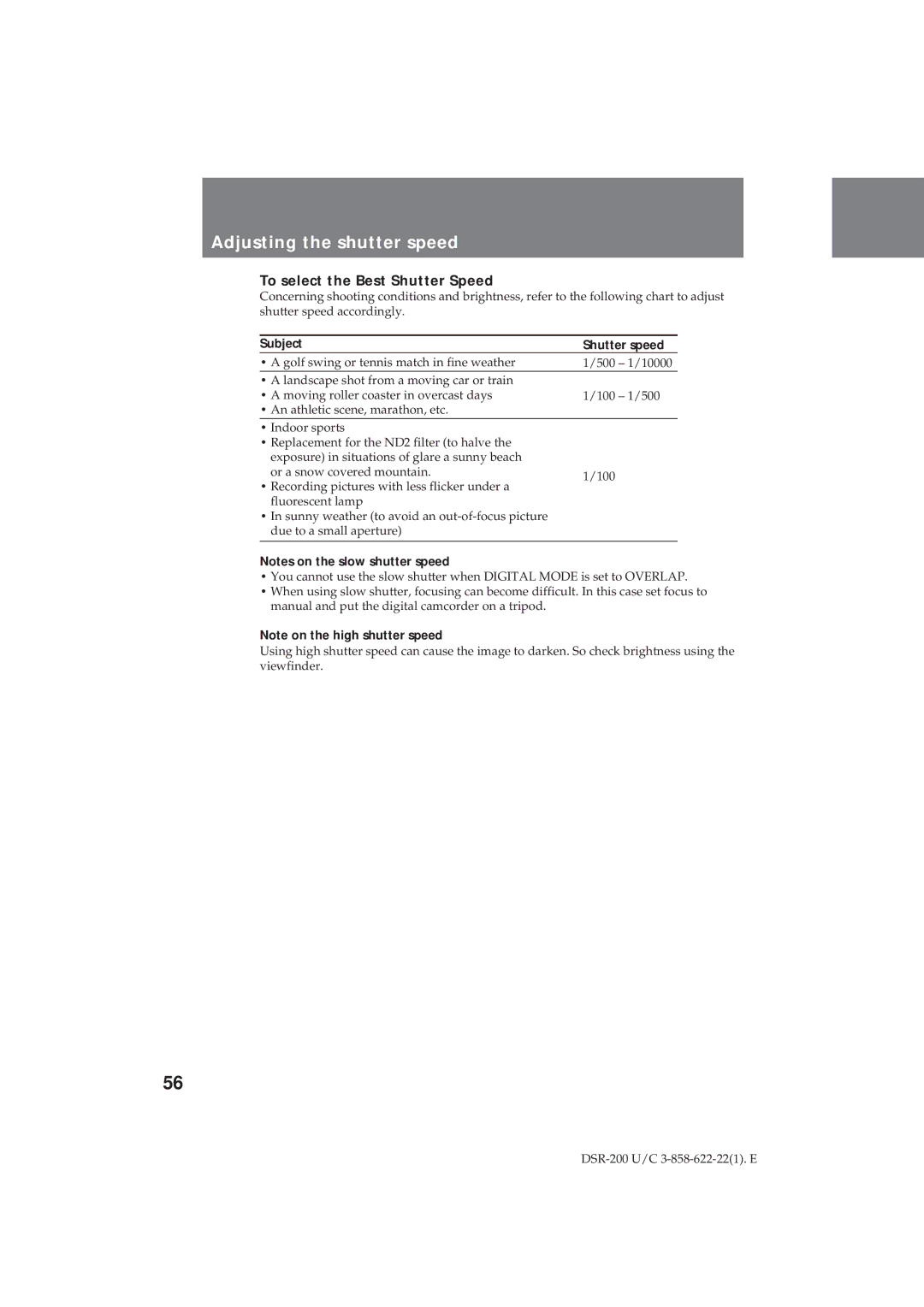 Sony DSR-200 operating instructions Adjusting the shutter speed, To select the Best Shutter Speed, Subject Shutter speed 