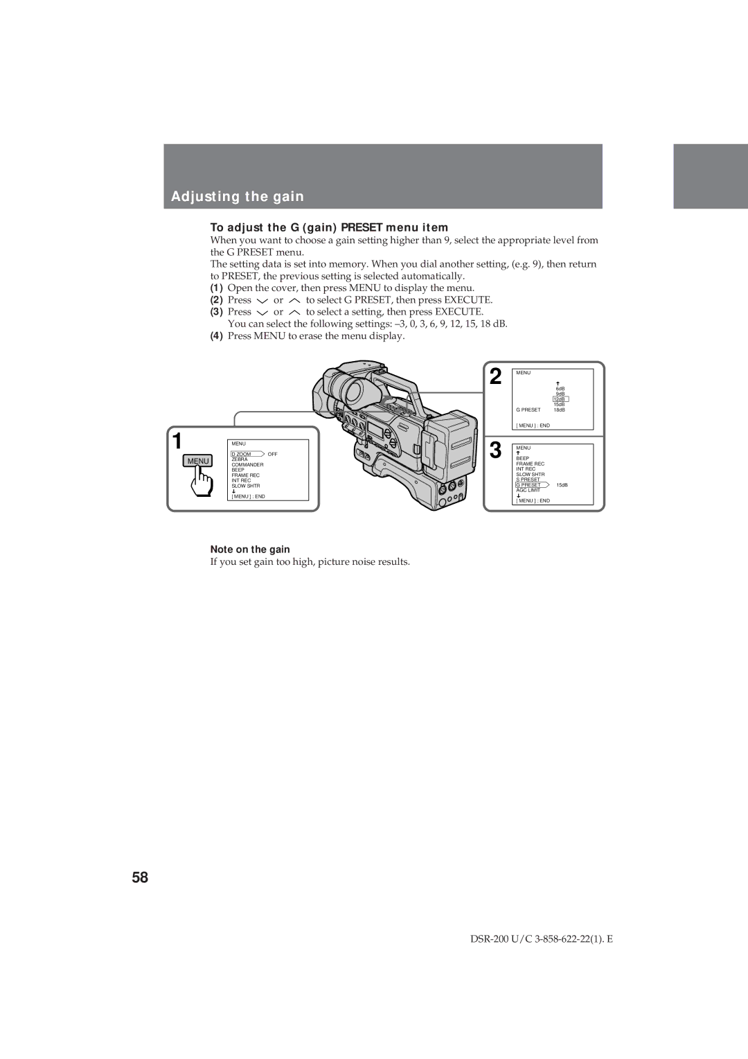 Sony DSR-200 operating instructions Adjusting the gain, To adjust the G gain Preset menu item 