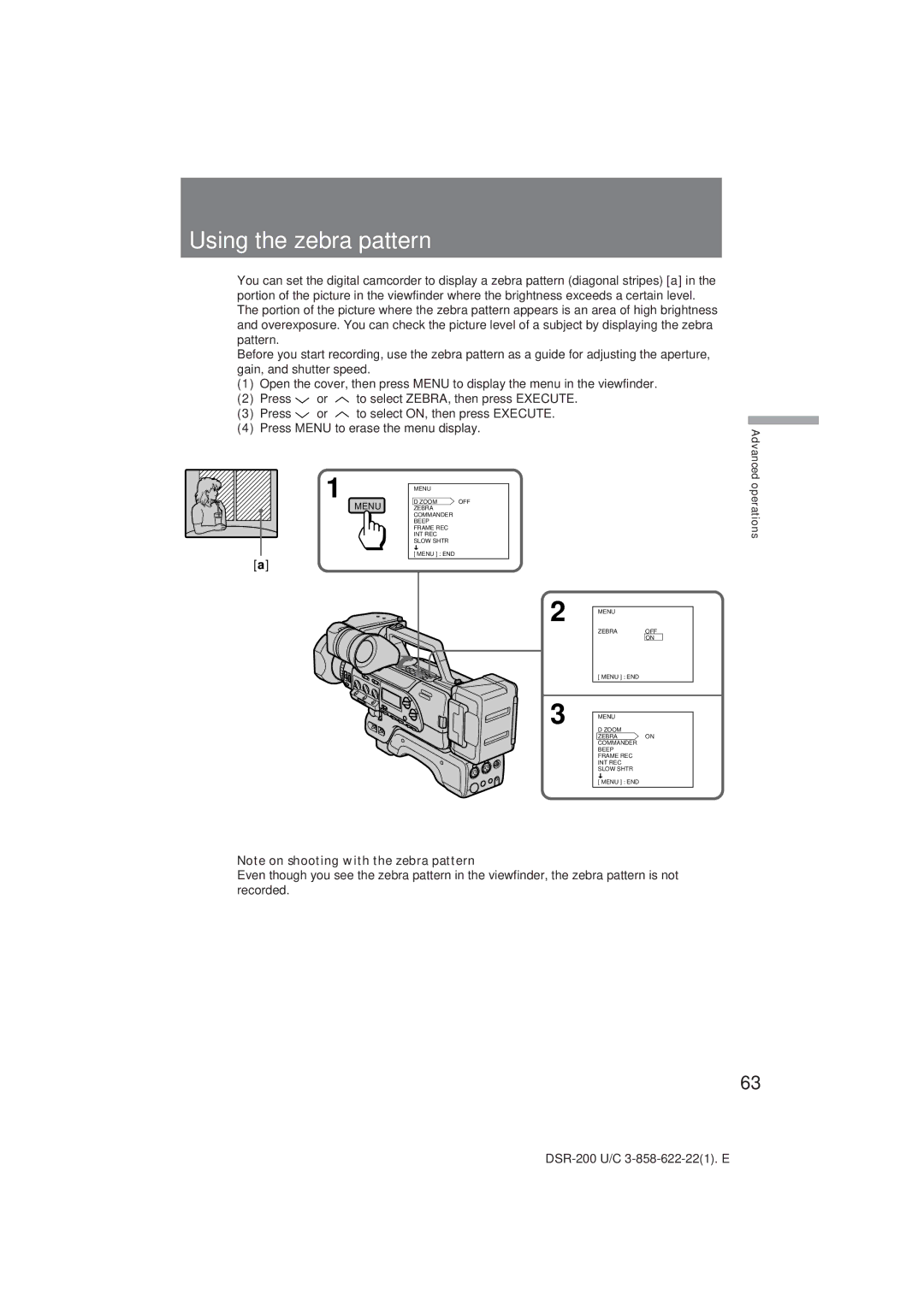 Sony DSR-200 operating instructions Using the zebra pattern 