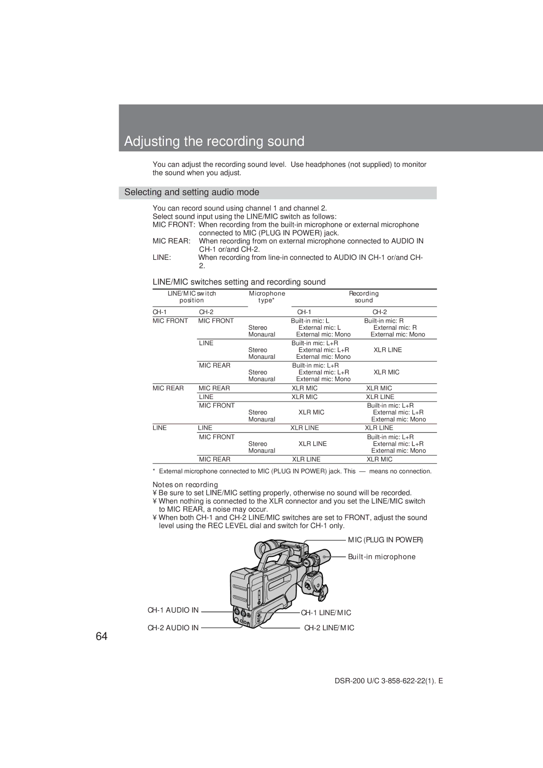 Sony DSR-200 operating instructions Adjusting the recording sound, Selecting and setting audio mode, Built-in microphone 