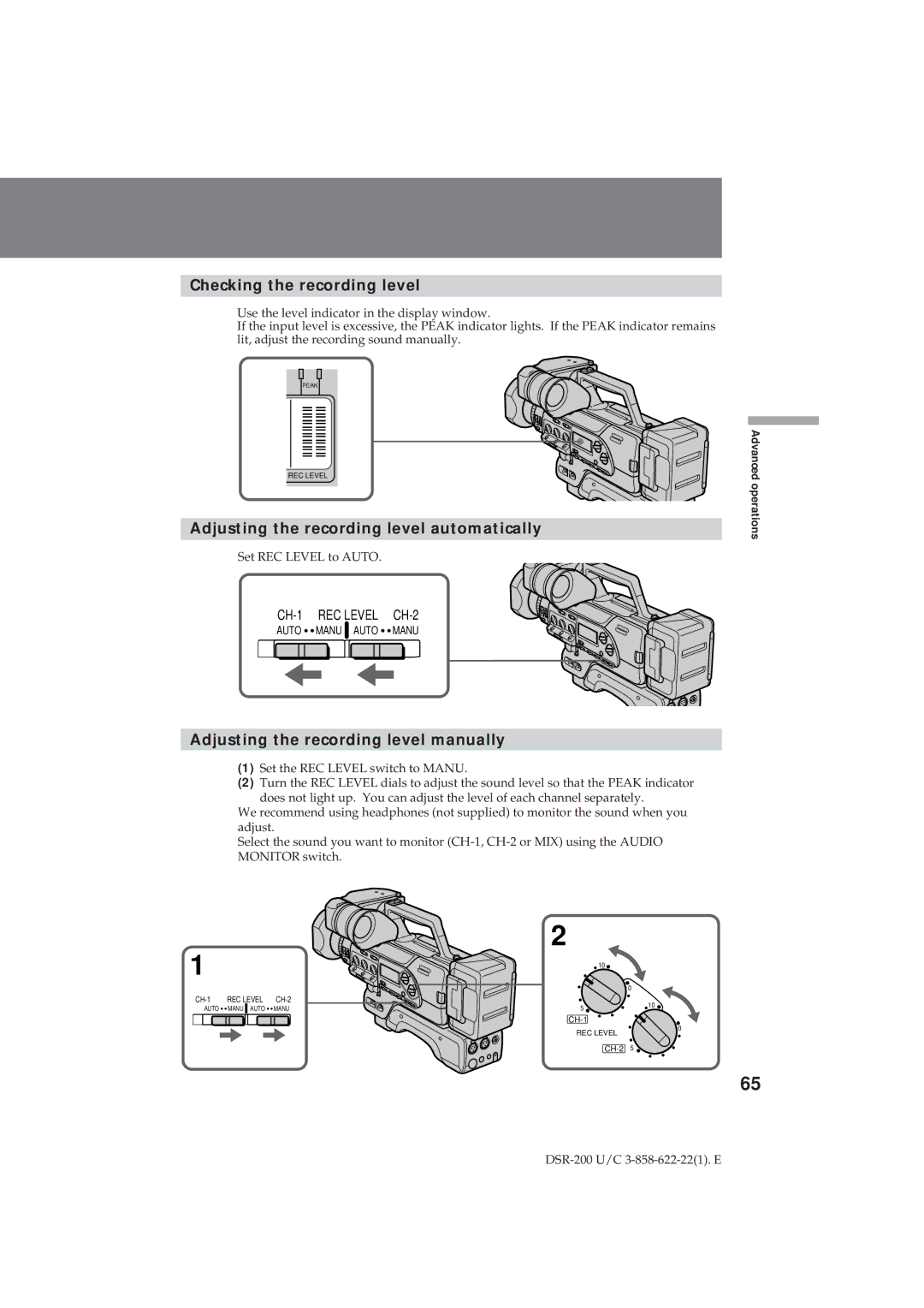 Sony DSR-200 operating instructions Checking the recording level, Adjusting the recording level automatically 