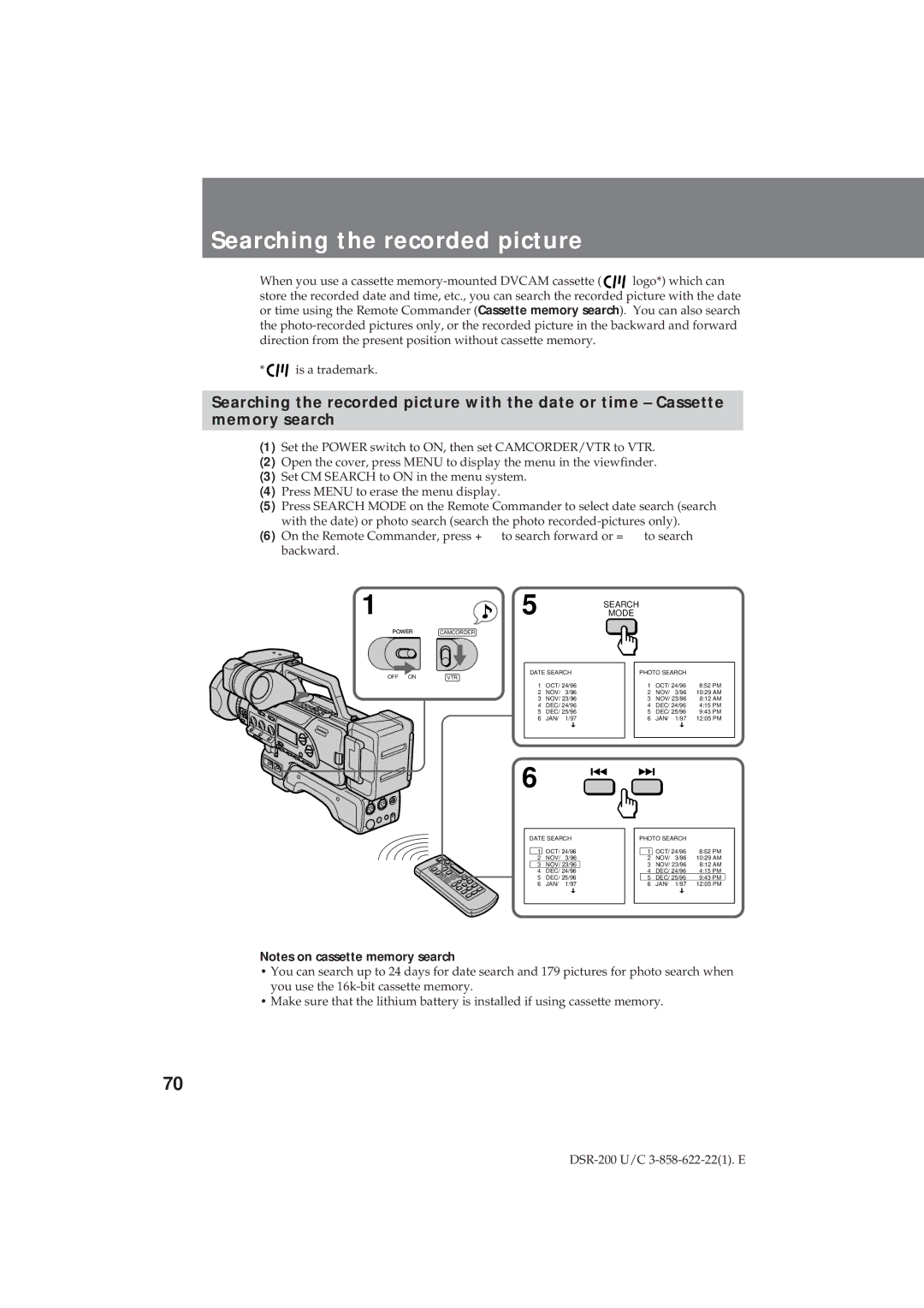 Sony DSR-200 operating instructions Searching the recorded picture, Mode 