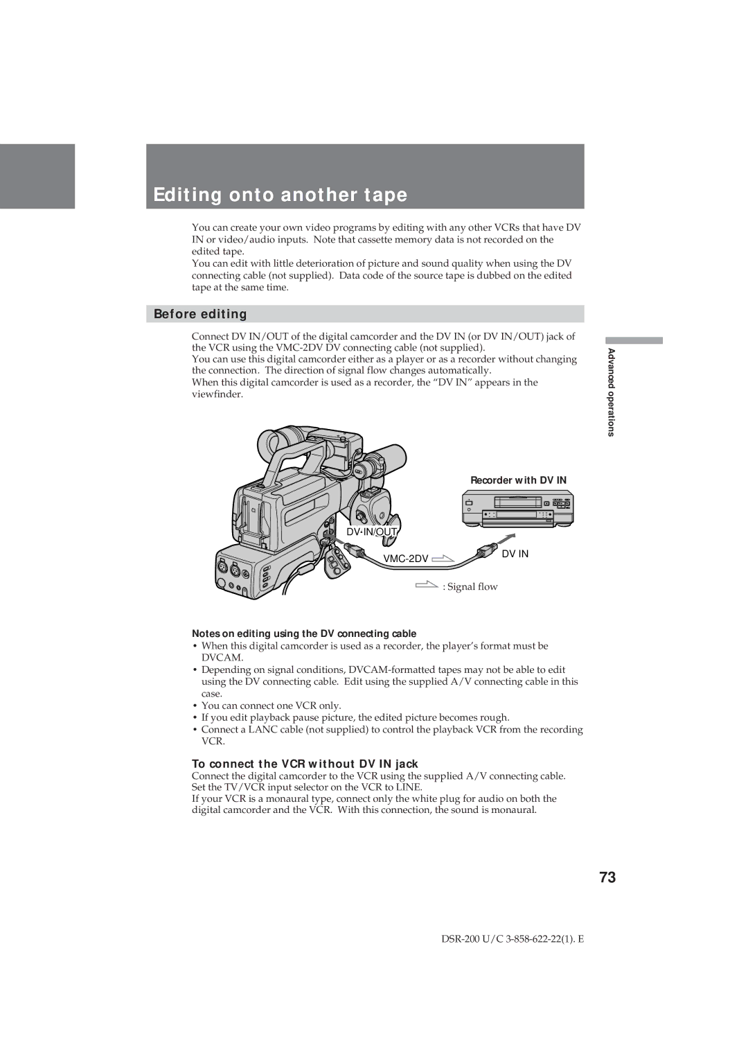 Sony DSR-200 Editing onto another tape, Before editing, To connect the VCR without DV in jack, Recorder with DV 
