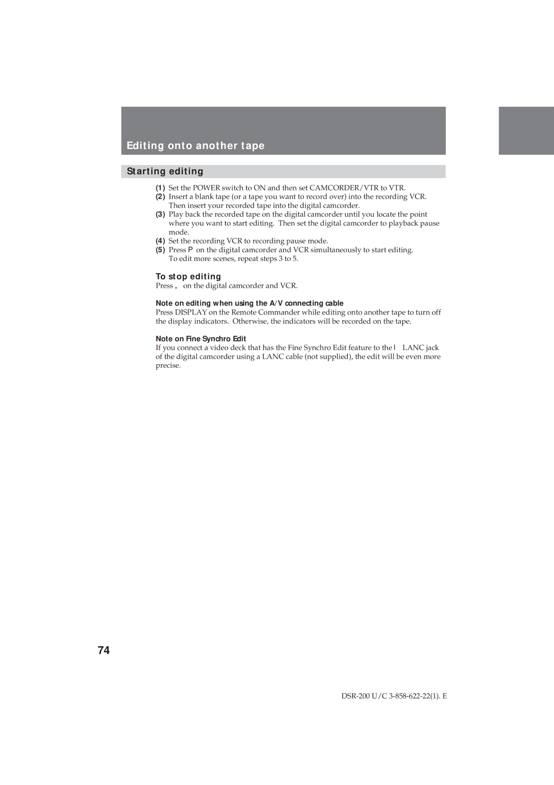 Sony DSR-200 operating instructions Editing onto another tape, Starting editing, To stop editing 