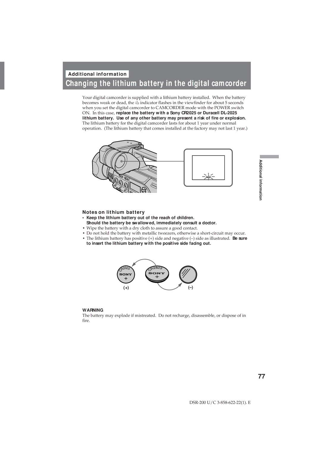 Sony DSR-200 operating instructions Changing the lithium battery in the digital camcorder, Additional information 