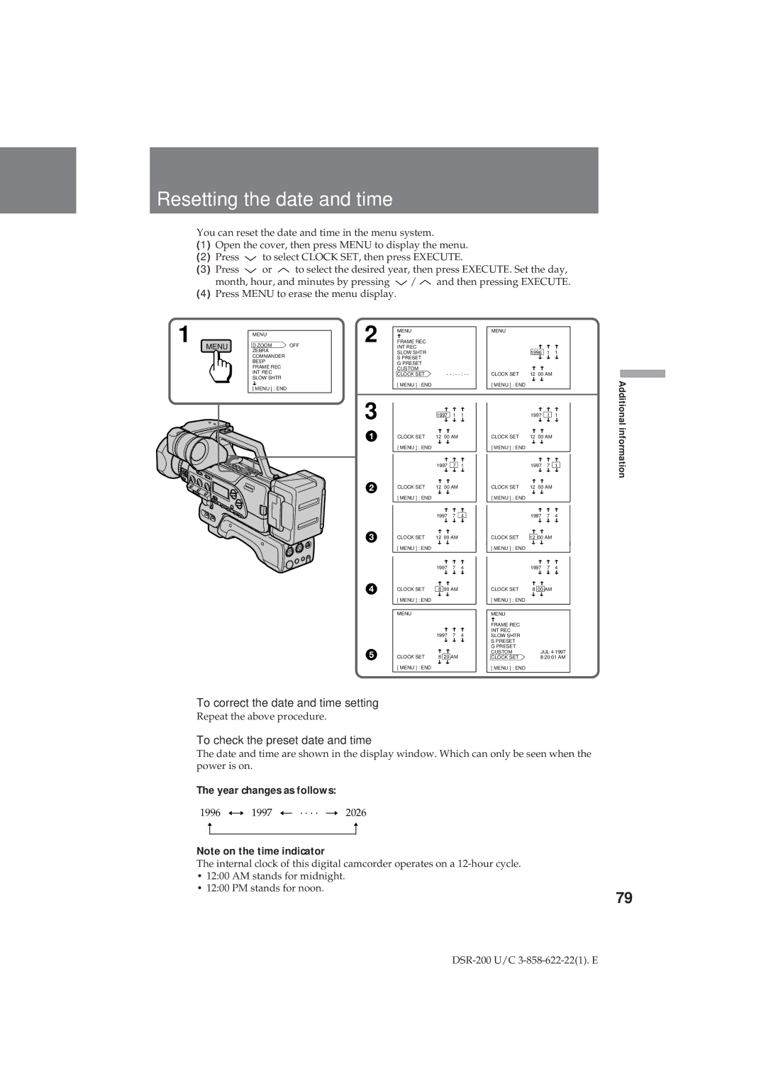 Sony DSR-200 Resetting the date and time, To correct the date and time setting, To check the preset date and time 