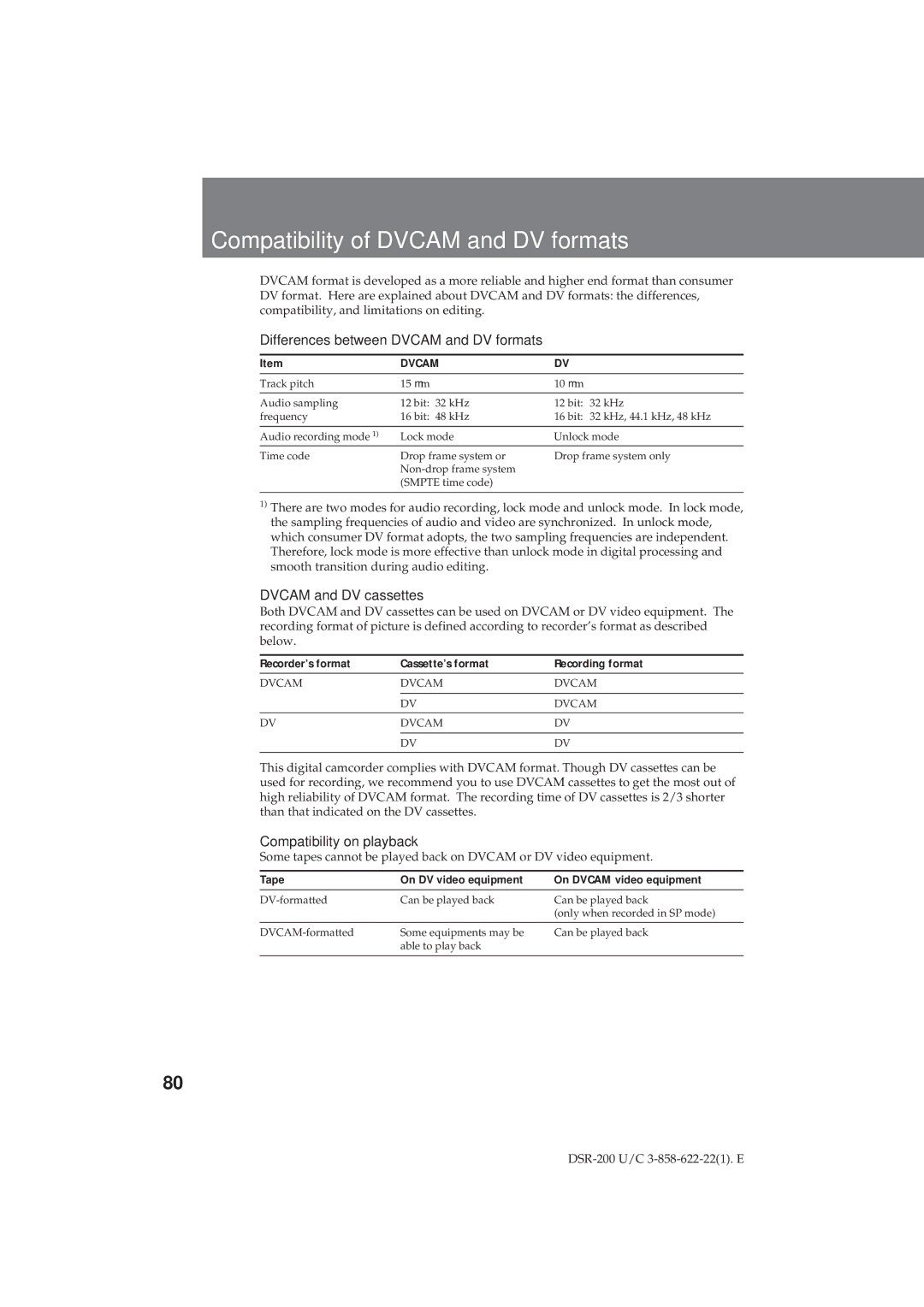 Sony DSR-200 Compatibility of Dvcam and DV formats, Differences between Dvcam and DV formats, Dvcam and DV cassettes 