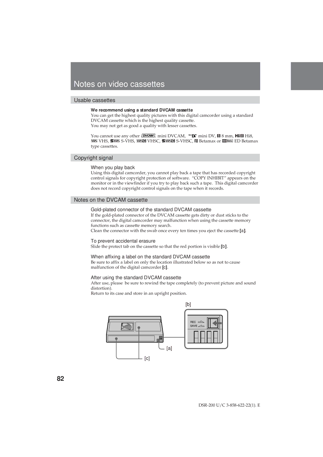 Sony DSR-200 operating instructions Usable cassettes, Copyright signal 