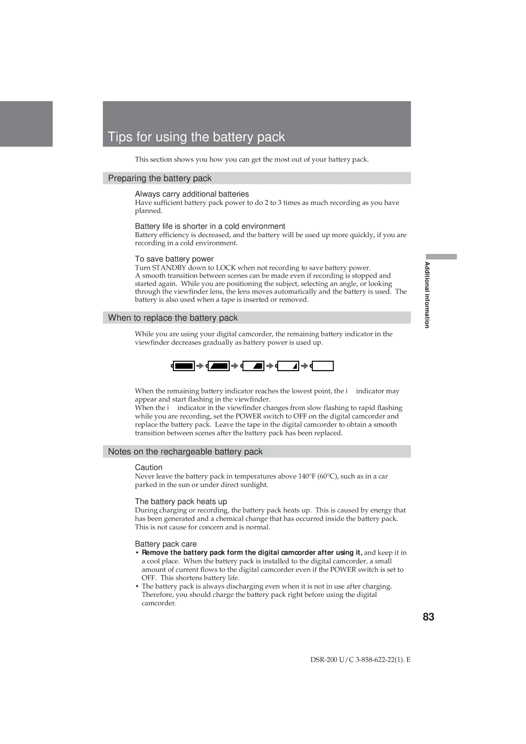 Sony DSR-200 Tips for using the battery pack, Preparing the battery pack, When to replace the battery pack 