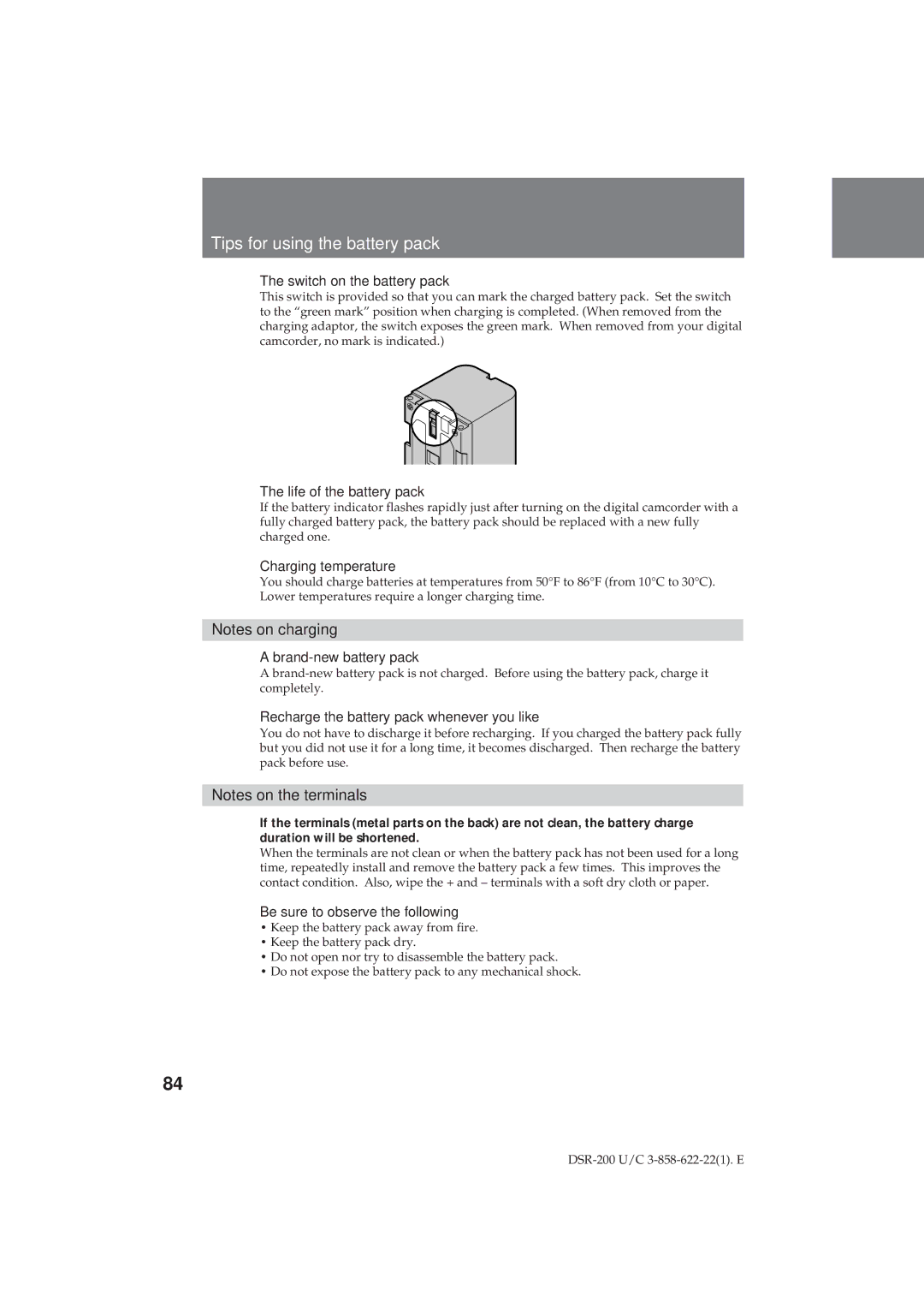 Sony DSR-200 operating instructions Tips for using the battery pack 