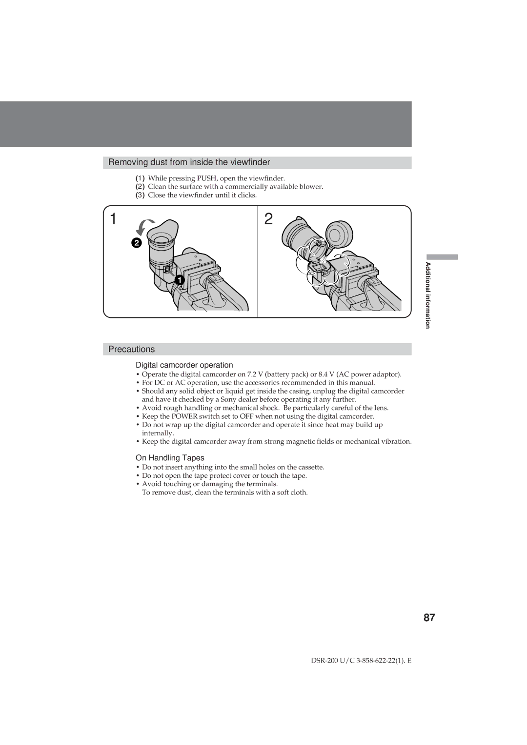 Sony DSR-200 Removing dust from inside the viewfinder, Precautions, Digital camcorder operation, On Handling Tapes 